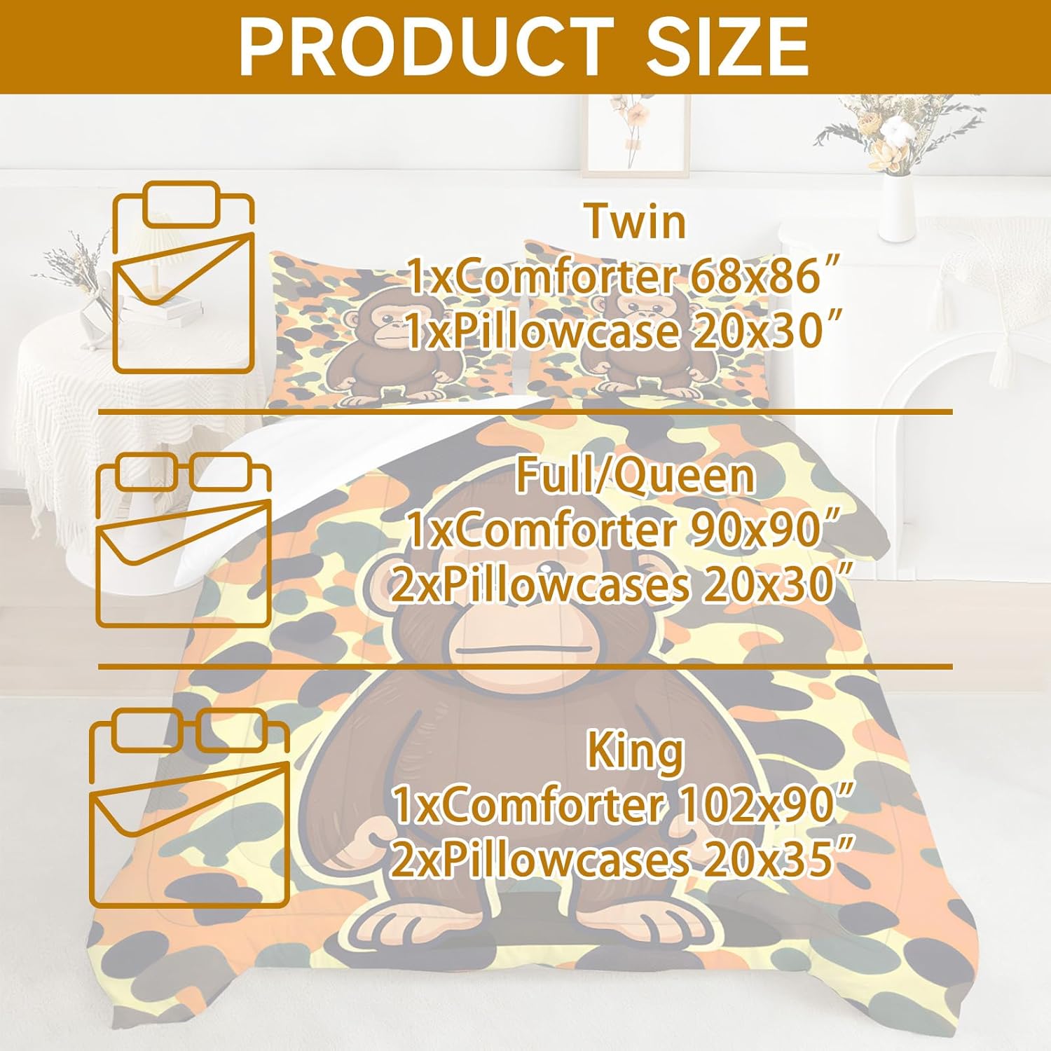 Camouflage Monkey Bedding Set Cute Cartoon Monkey Camo Comforter Set Full/Queen Bed Set Quilt for Kids Teens Boys Bedroom Decor Militarily Tie Dye Duvet 1 Comforter+ 2 Pillowcases