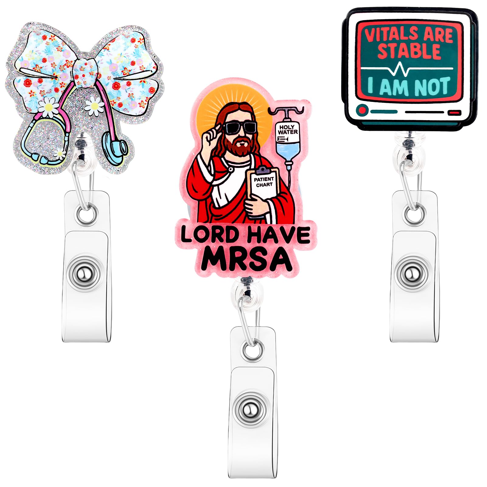 Zkptops 3Pcs Funny Nurse Badge Reel Cute Badge Reel with Retractable Alligator Clip Medical Badges Holder Buddy for Nurses Doctors ID Card Decor Acrylic Name Tag Humor Badges Accessories for Gifts — image 1