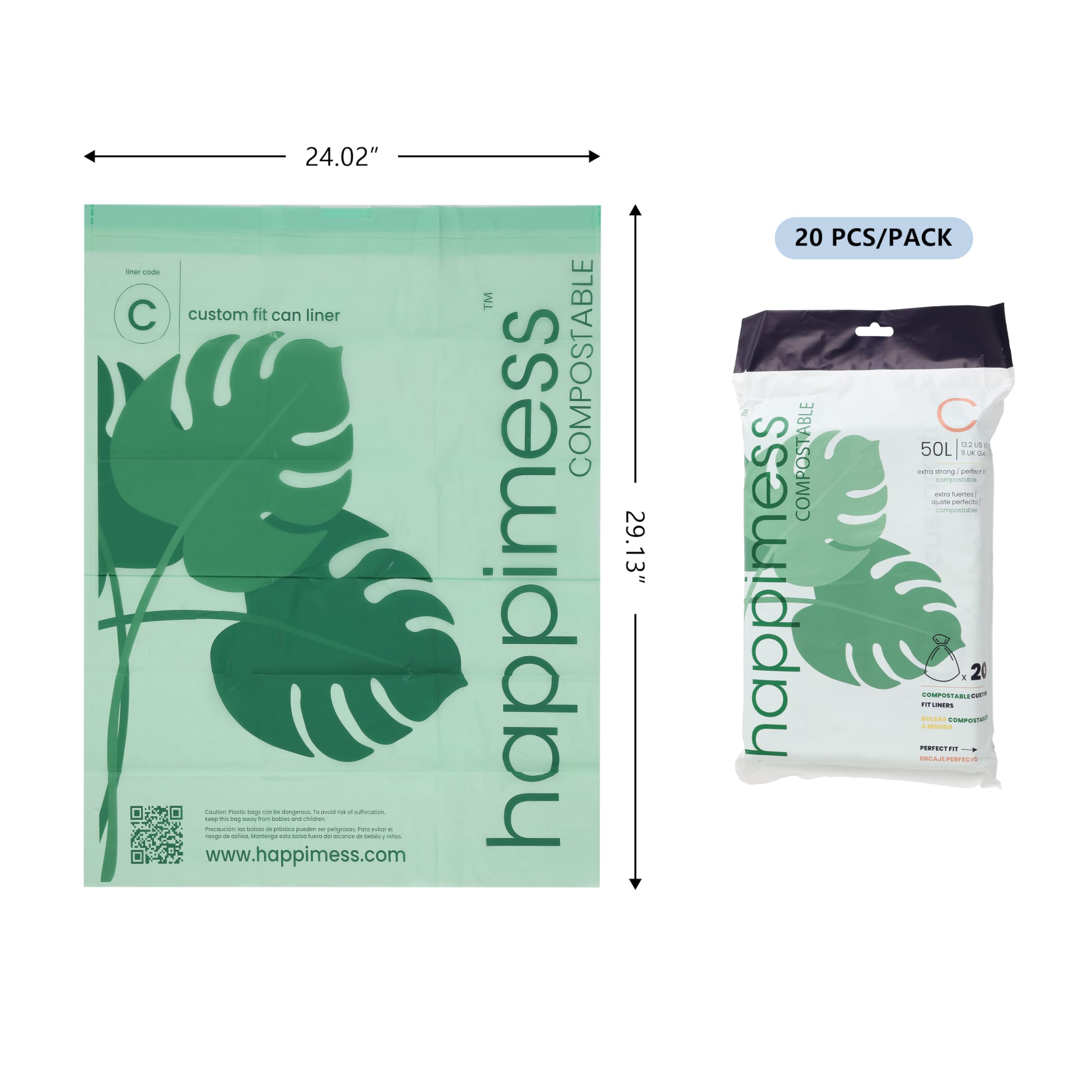 happimess Sacchetti per la spazzatura con coulisse, da 50 l, inodori, verdi, per cucina e casa, su misura, 40 pezzi (2 confezioni da 20 fodere) HPM3000C-G-2SET