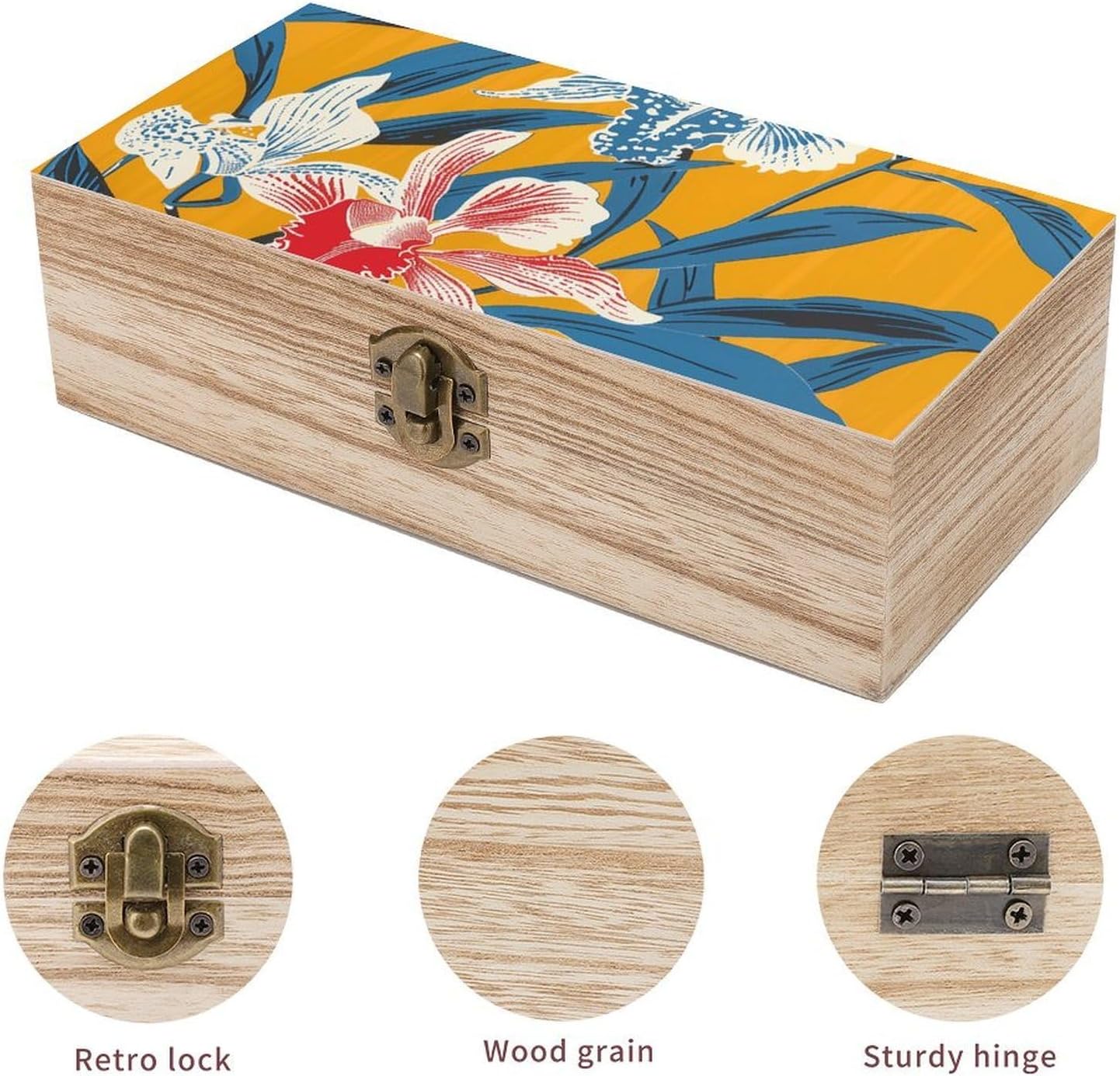 Mustard Yellow Pattern Wooden Box with Hinged Lid, Wooden Treasure Chest Boxes for Home, Jewelry Wooden Storage Case for Women Men, Large Wooden Crates, 7.9'' X 3.9'' X2.3''
