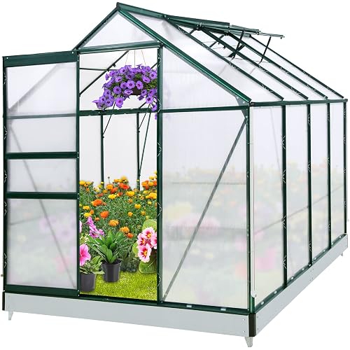 EAGLE PEAK 6x8x7 Outdoor Walk-in Hobby Greenhouse with Adjustable Roof Vent and Rain Gutter, Base and Anchor, Polycarbonate Aluminum Green House for Backyard Garden, Dark Green