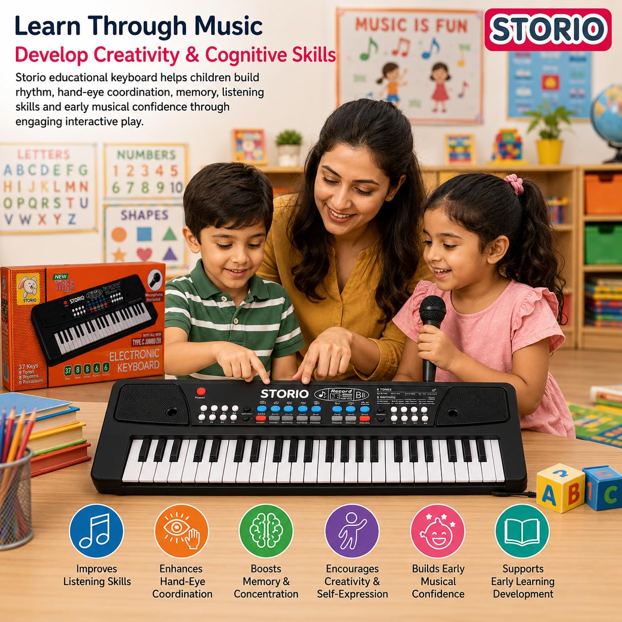 Storio Kids Piano Keyboard with Mic | 37 Keys, 8 Rhythms, 8 Tones & 6 Demo Songs | Electronic Musical Toy for Boys & Girls Age 2-5 | Educational & Recording Keyboard for Beginners — Amazon image 8