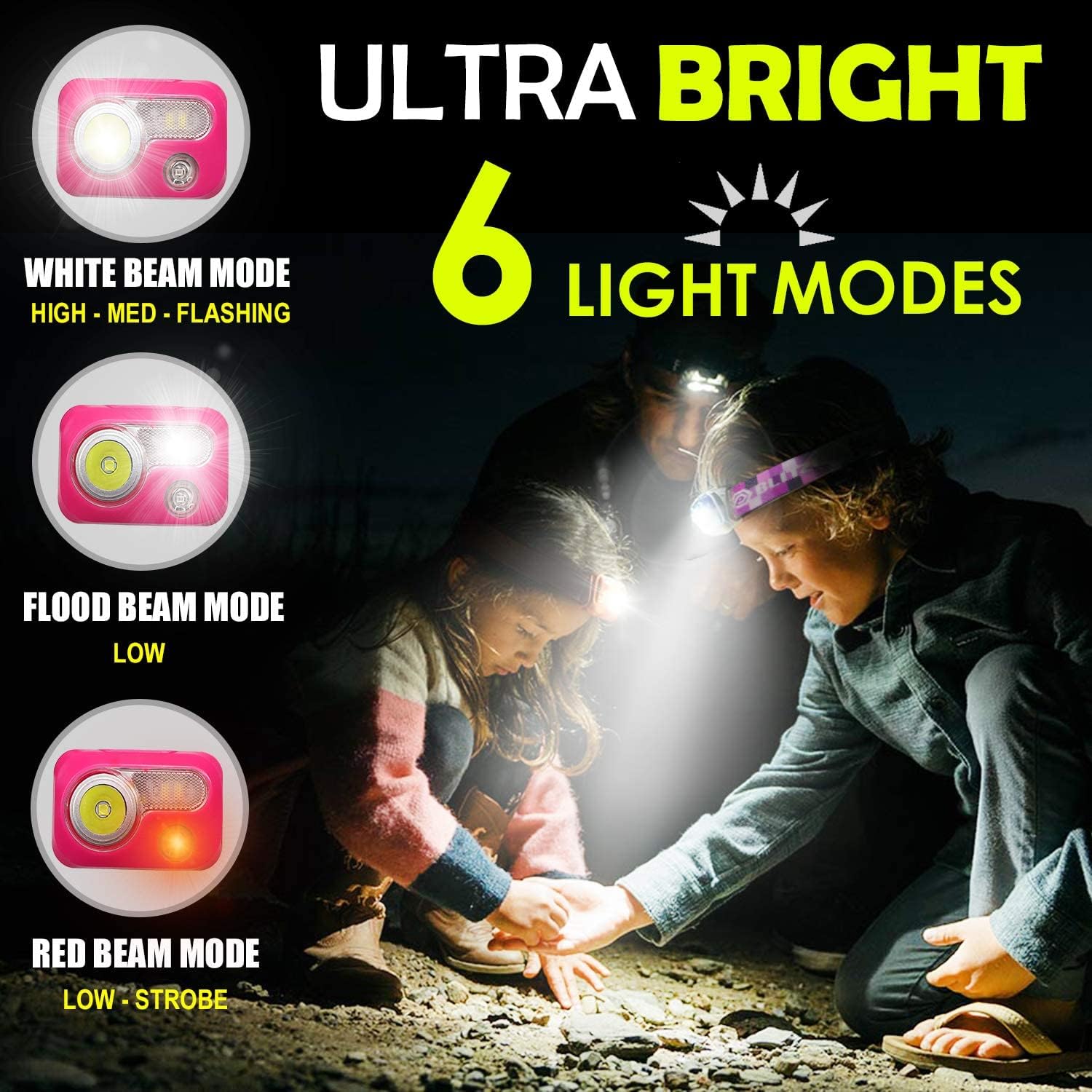 BLITZU Battery Powered LED Headlamp Purple Color + USB Rechargeable Headlamp Pink Color