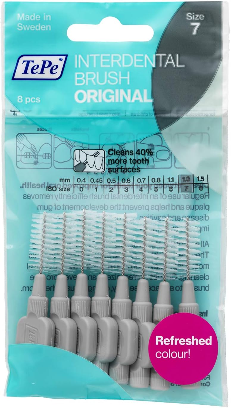 TePe Interdental Brush, Original, Grey, 1.3 mm/ISO 7, 8pcs, plaque removal, efficient clean between the teeth, tooth floss, for narrow gaps