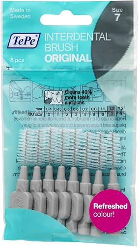 TePe Interdental Brush, Original, Grey, 1.3mm/ISO 7, 8pcs, efficient Cleaning Between Teeth, Plaque Remover and Dental flosser for Wide Gaps