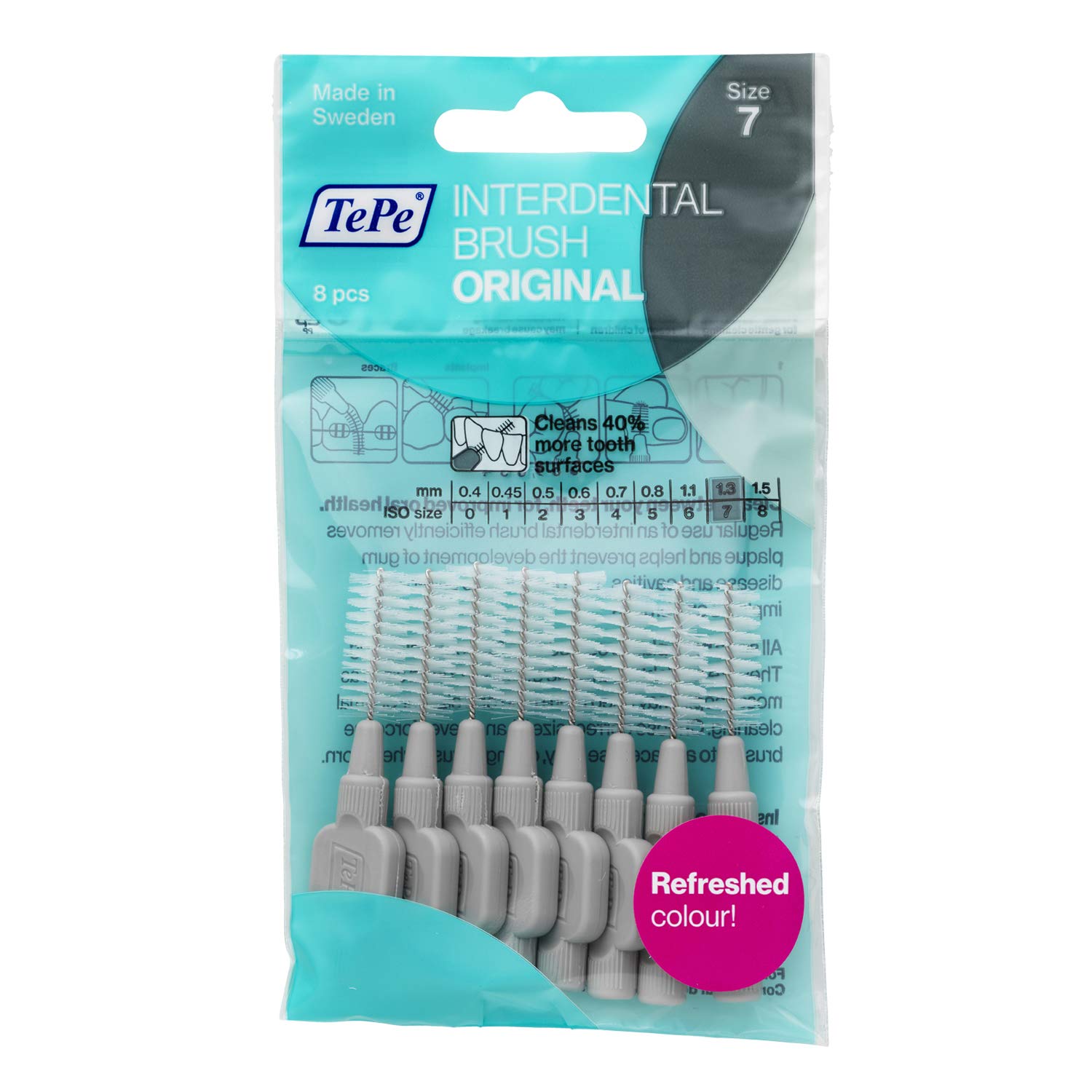 Interdental Brush, Original, Grey, 1.3 mm/ISO 7, 8pcs, plaque removal, efficient clean between the teeth, tooth floss, for narrow gaps