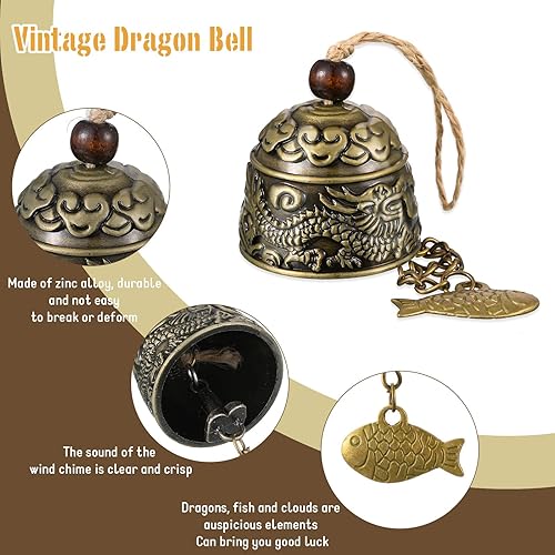Miniatura 4 de 4 carillones de viento Feng Shui chino Feng Shui Metal Lucky Bell 3 campanas de viento colgantes vintage dragón y peces carillón colgante para buena