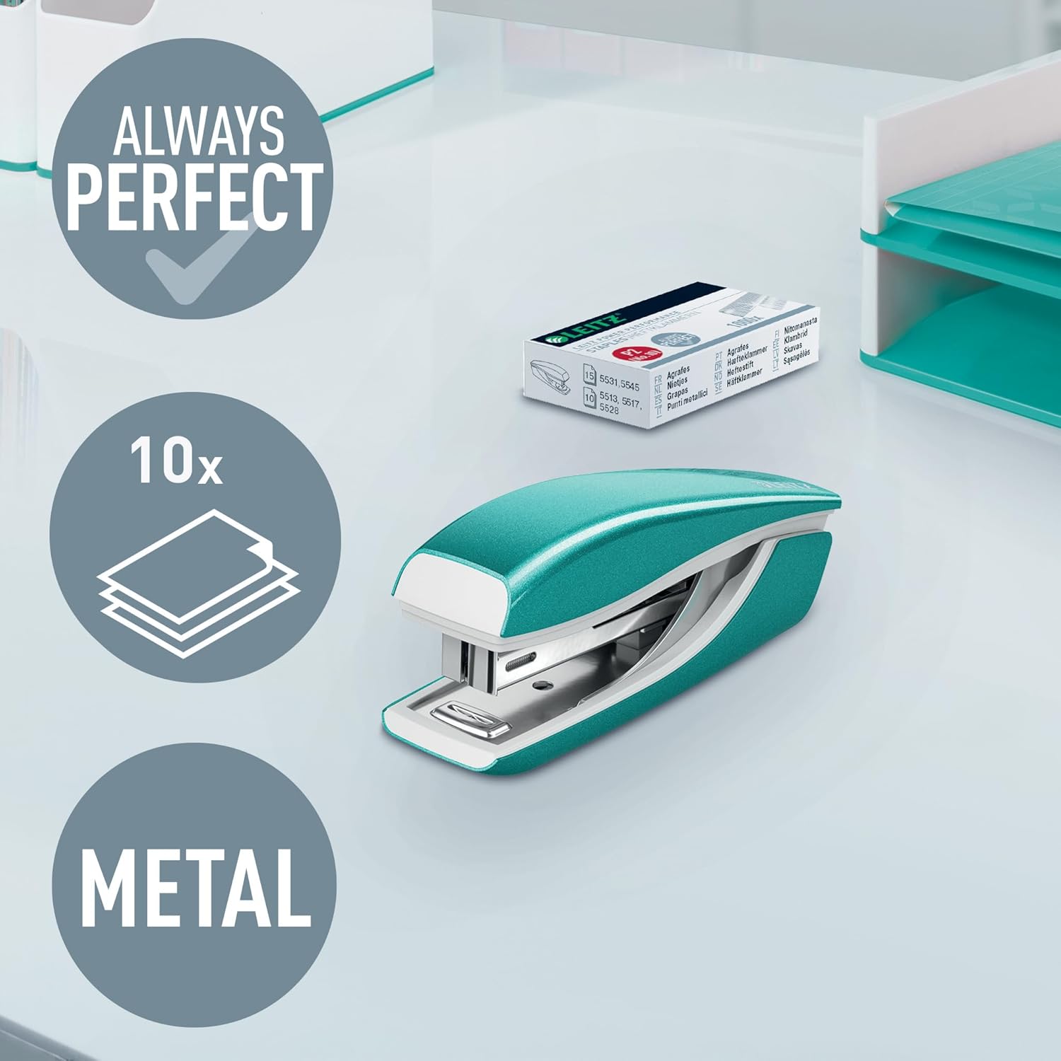 Leitz Mini Stapler, 10 Sheet Capacity, Ergonomic Metal Body, Includes Staples, Wow Range, 55281051 - Ice Blue