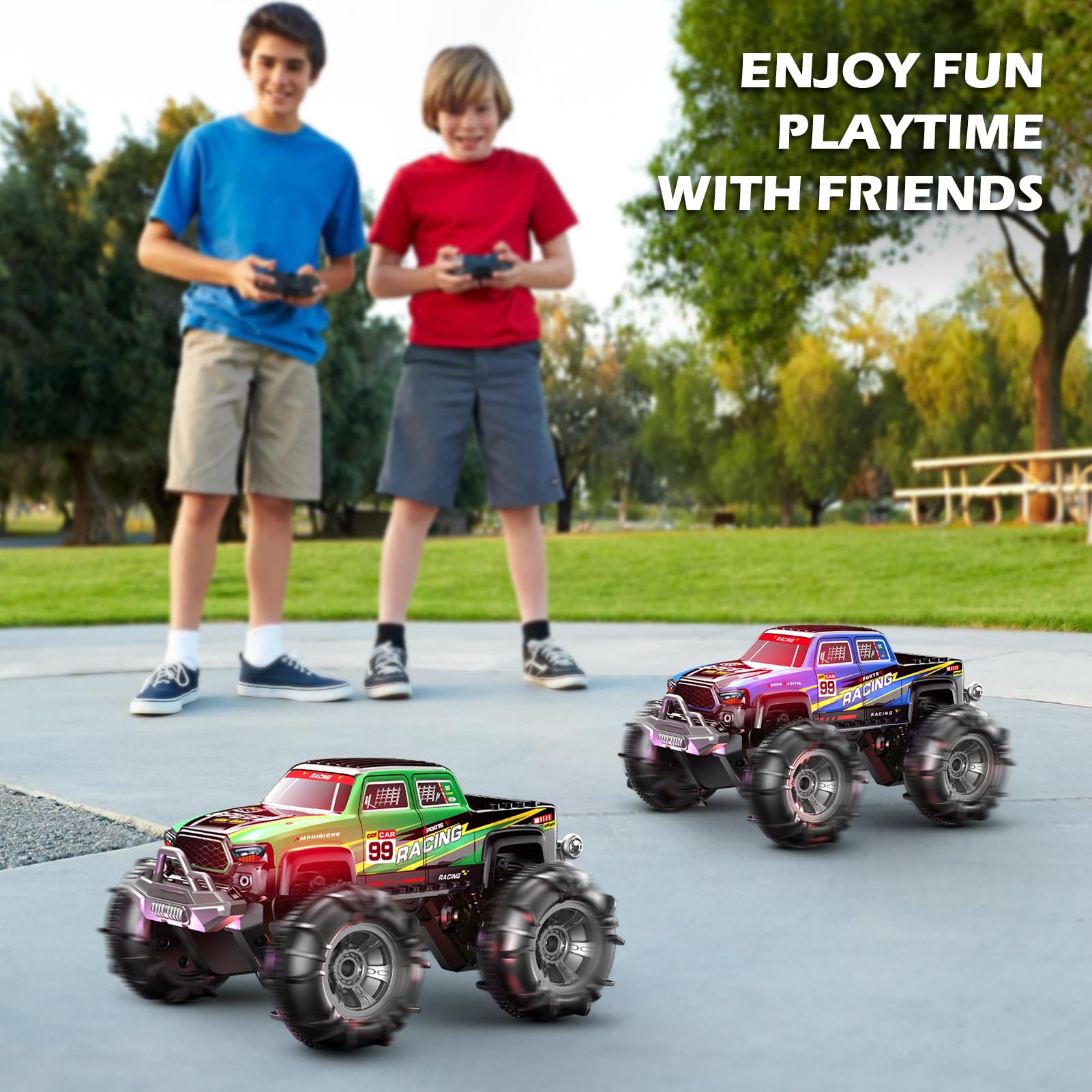 ROUSKY zdalnie sterowany amfibijny monster truck, 2,4 GHz podwójne sterowanie z zegarem i kontrolerem, RC auto obrotowe 360° z lampkami LED, Racing Green (Zielony)