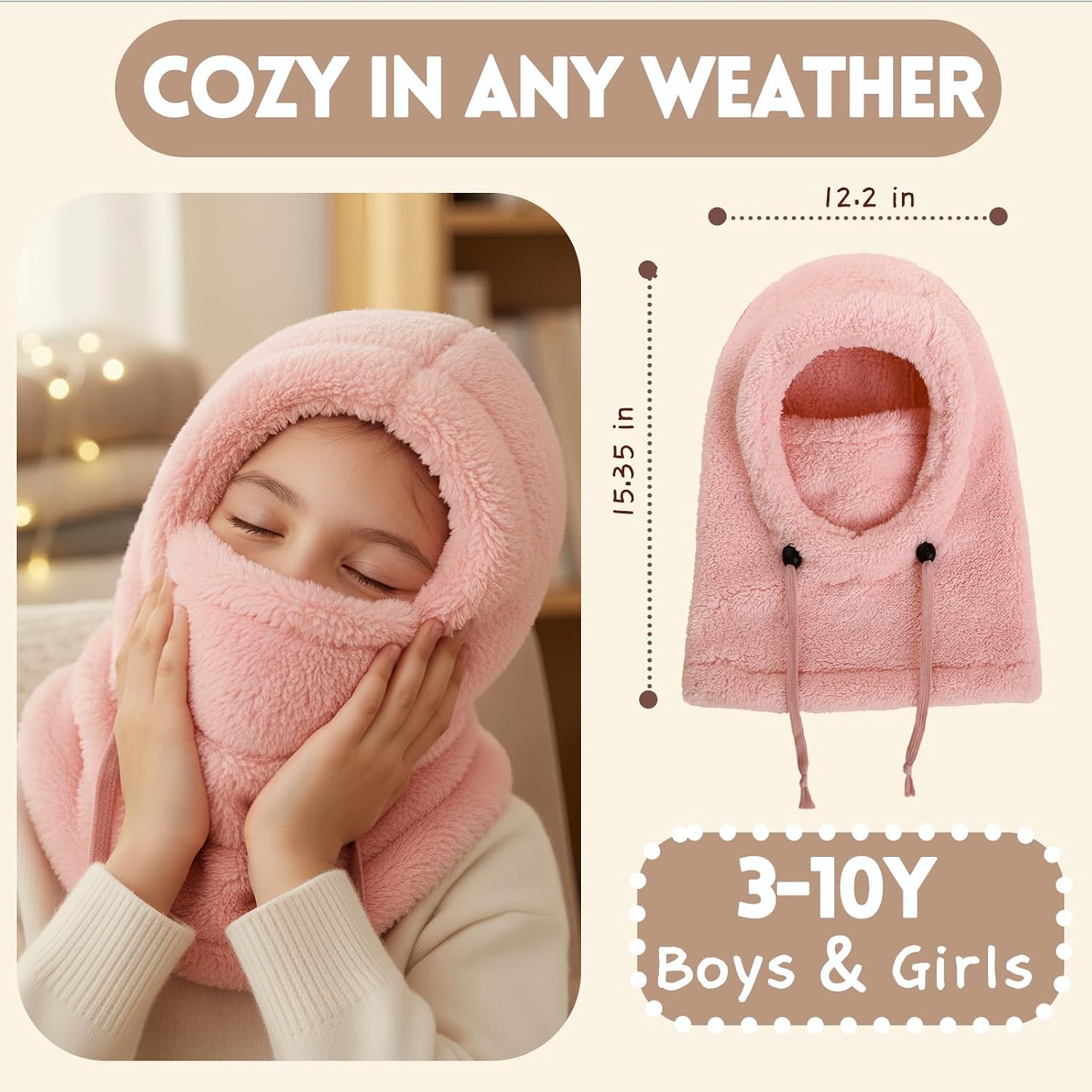 Kids Winter Fleece Hats Balaclava 2PCS,Warm Ski Face Mask Windproof Adjustable Full Cover Neck Warmer for Boys Girls 3-10Y