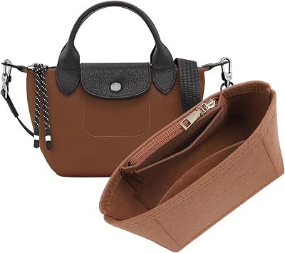 Purse Organizer Insert for Longchamp Le Pliage Mini Handbag,Premium Felt Lightweight Zipper Mini Handbag Organizer,Bags Storage Divider with Upgraded Deepened Compartments,XS/Gold-brown