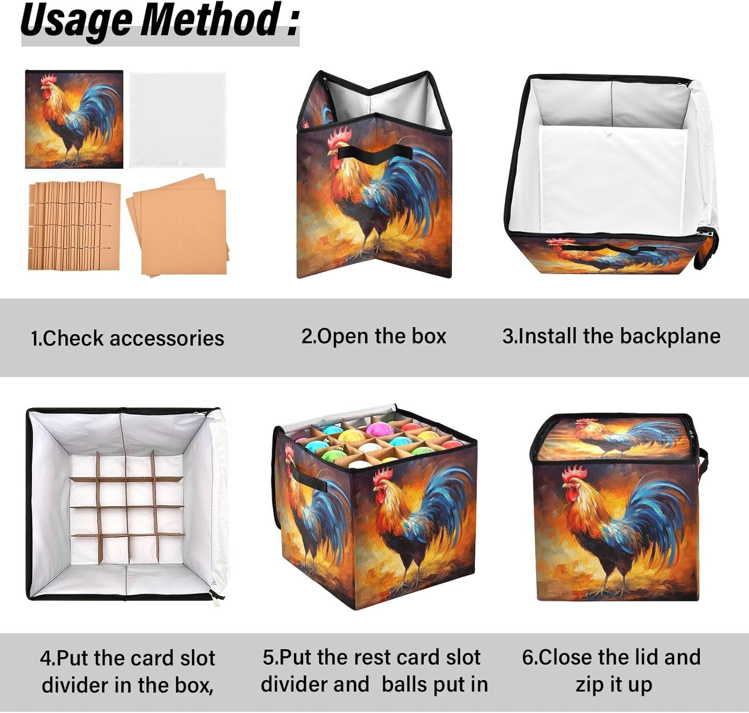 Watercolor Rooster 13 Inch Christmas Ornament Storage Box with Lid - Holiday Decor Storage Containers, Stores 64 Ornaments, 3 Inch Cube Compartments