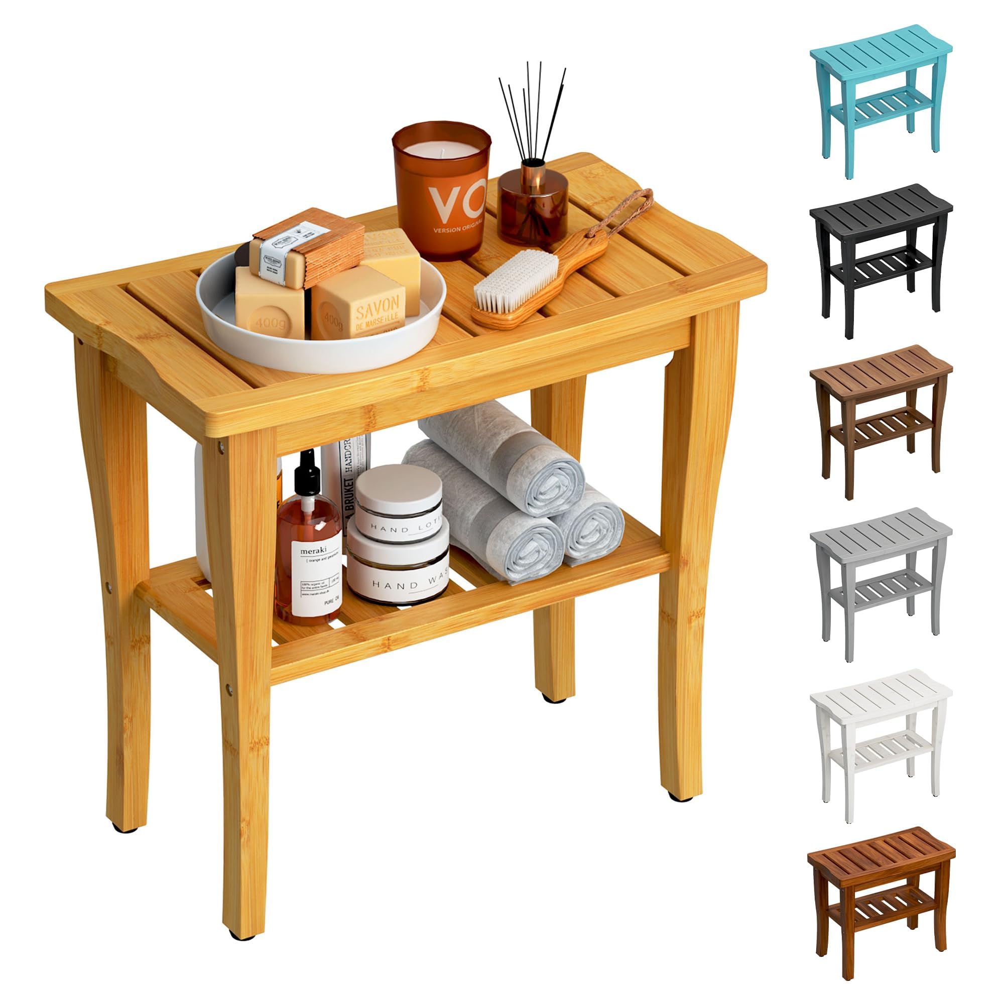 oridom Bamboo Shower Bench Stool with Storage Shelf, Waterproof Shower Chair Spa Bath Seat, Shower Stool for Inside Shower, Bathroom Bench Seat for Adults Elderly Seniors for Indoor or Outdoor Use