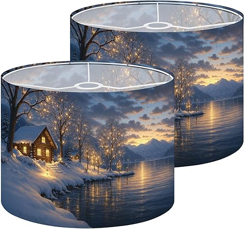 Miniatura 8 de Lamp Shade Snow Winter Quiet Blue Lakes Villages Snow covered Trees Log Cabin Drum Lamp Shades for Table Lamps Floor Lamps Pendant Light 8.9"x11"