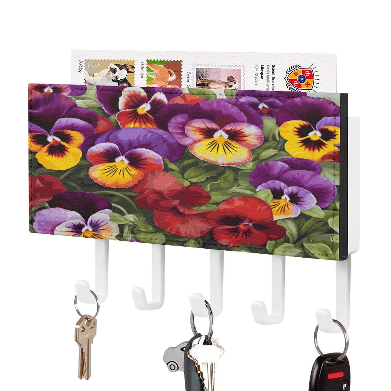 FekiLoot Pansy Perfection Key Holder for Wall Decorative,2 Installation Ways Keys Hanger Keys Holder Wall Mount Hanging Key Hooks with Mail Organizer for Wallet House Accessories