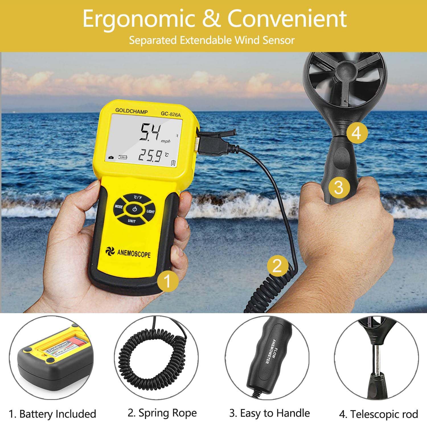 Anemometer windmesser, Digitales Anemometer Handmessgerät 826A Windmesser Windmessgerät/Temperatur ℃/℉, Digitaler Windmesser Max/Min/Durchschnitt/Echtzeitmessung mit LCD-Hintergrundbeleuchtung