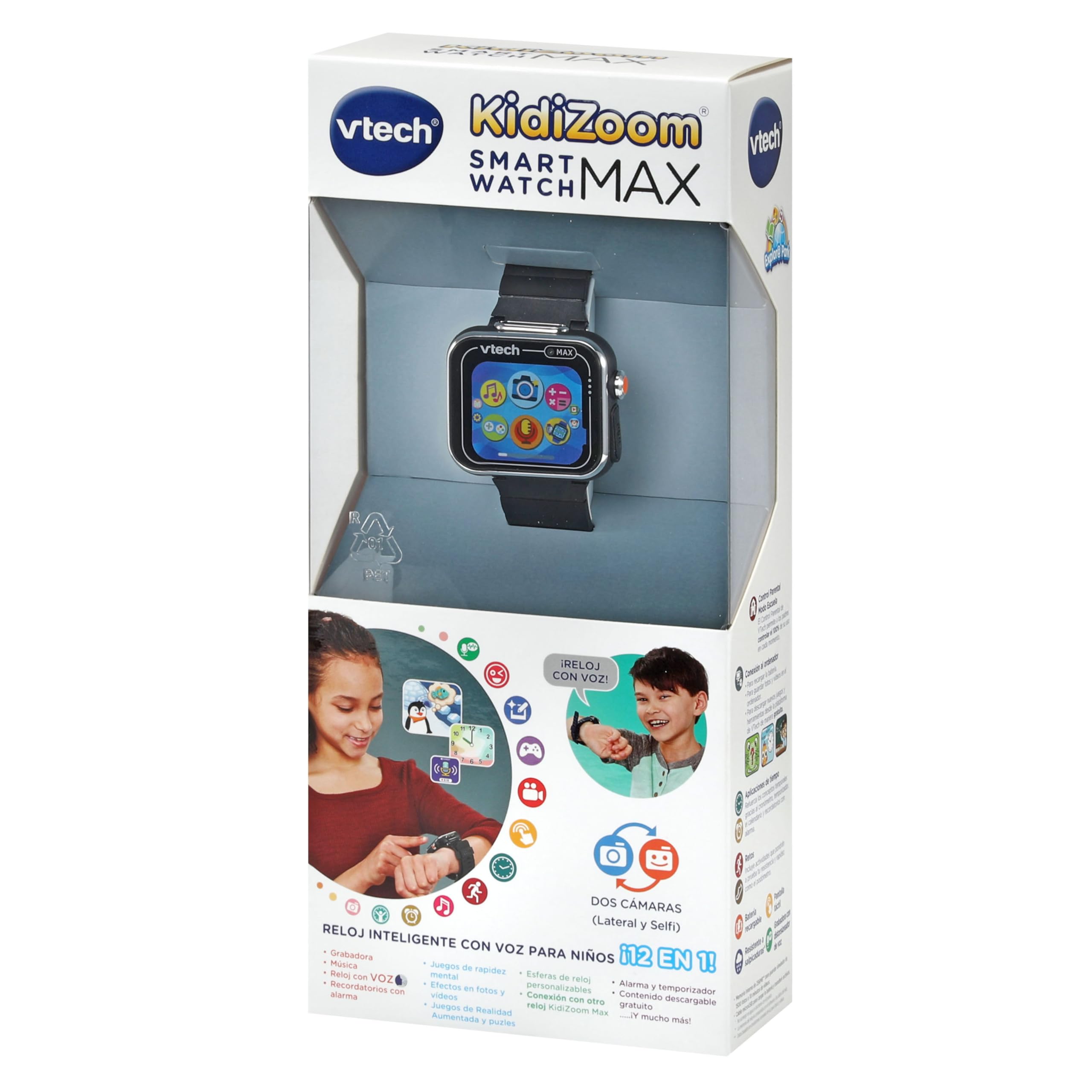 VTech Kidizoom - Smartwatch Max Noir, Montre Intelligente pour Enfants, Double Appareil Photo, vidéo, Jeux, écran Tactile Horizontal, Version ESP, Noir, 5.4 x 22.4 x 1.7 cm