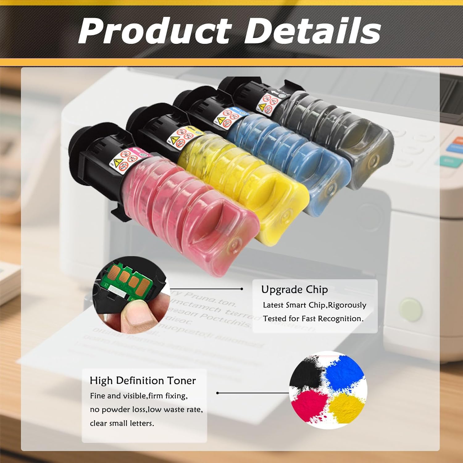 Image detailing product features like upgrade chip and high definition toner