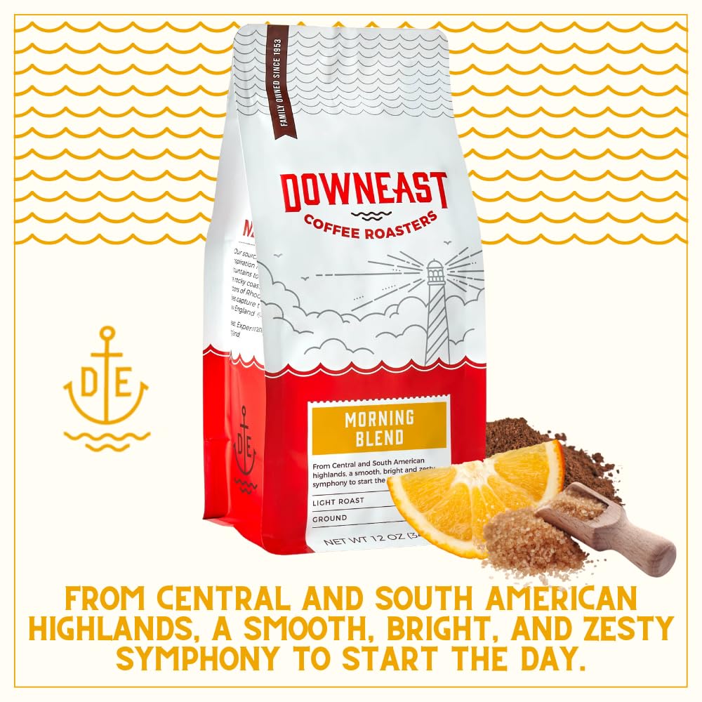 Downeast Coffee Roasters Ground Coffee - Morning Breakfast Blend, Light Roast, 100% Arabica Coffee - Smooth, Bright and Balanced - South American Highlands Ground (12oz bag, Pack of 6)