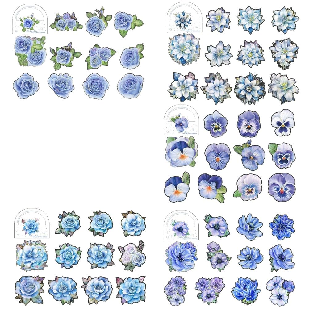 Yssevlon 50 Pegatinas de Flores Azules: Pegatinas Florales de Gran Tamaño con Contornos Dorados, Calcomanías Decorativas Impermeables Brillantes con Purpurina