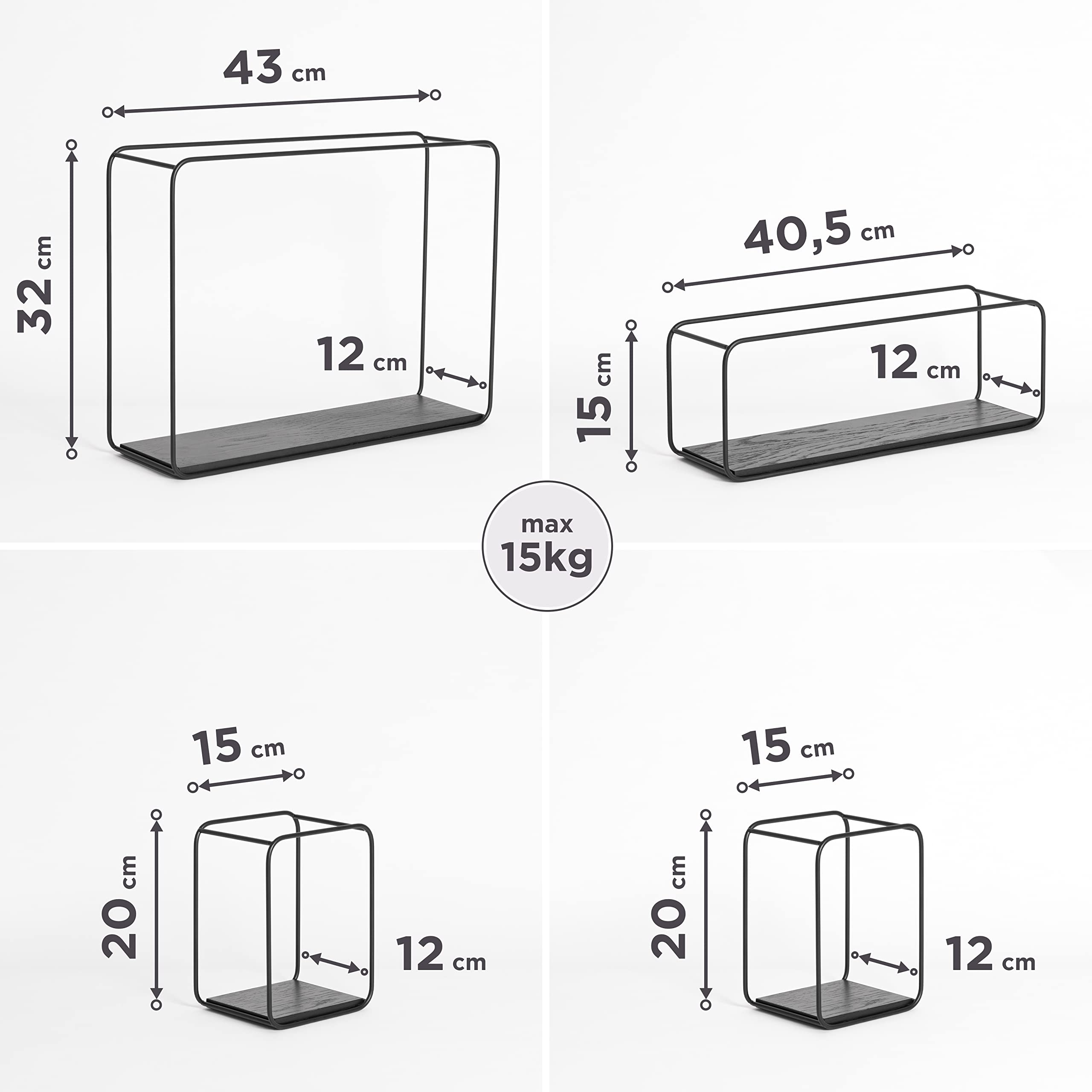 Kazai. Estantes de Pared -Jona- | Baldas Pared de 4 Piezas de Metal y Madera | Decoración de Pared, Almacenamiento y Estante para Libros para Baño, Sala de Estar, Cocina, Dormitorio | Roble, Negro