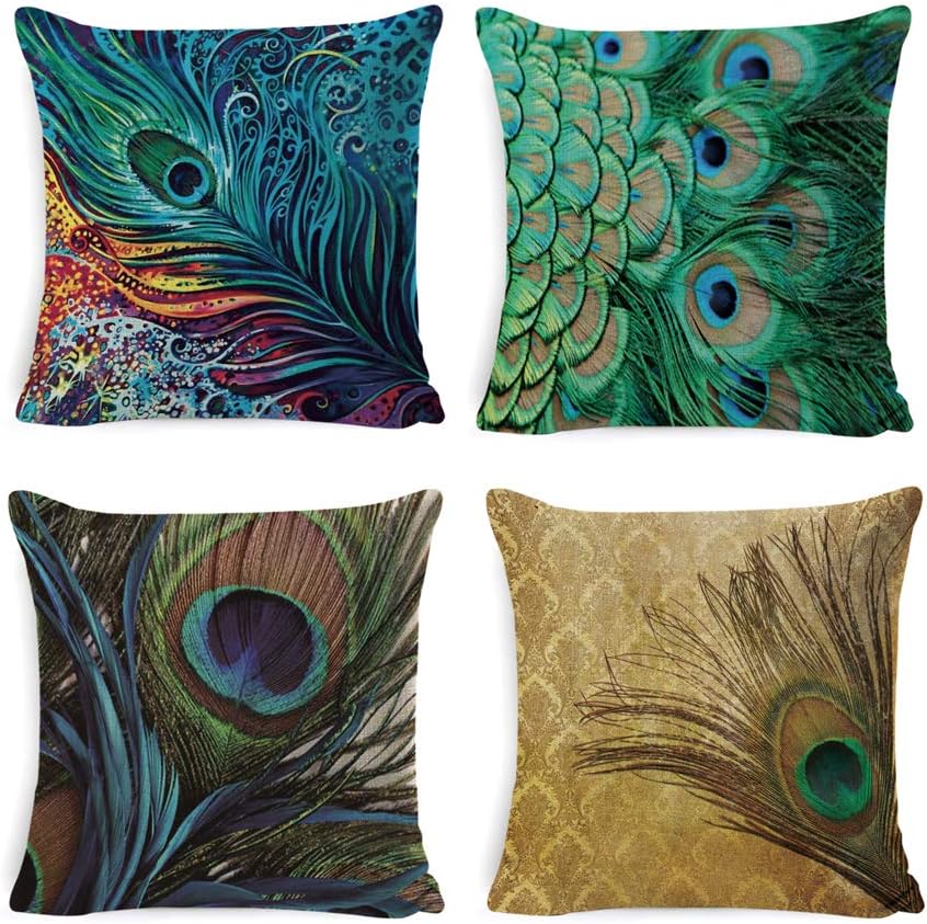 INSHERE Rustic Farmhouse Peacock Feather Throw Pillow Cover Cotton Linen Oil Paniting Feathers Decorative Cushion Covers Pillowcase Cushion Case for Sofa Bedroom Car 18 x 18 Inch (Peacock Feather)