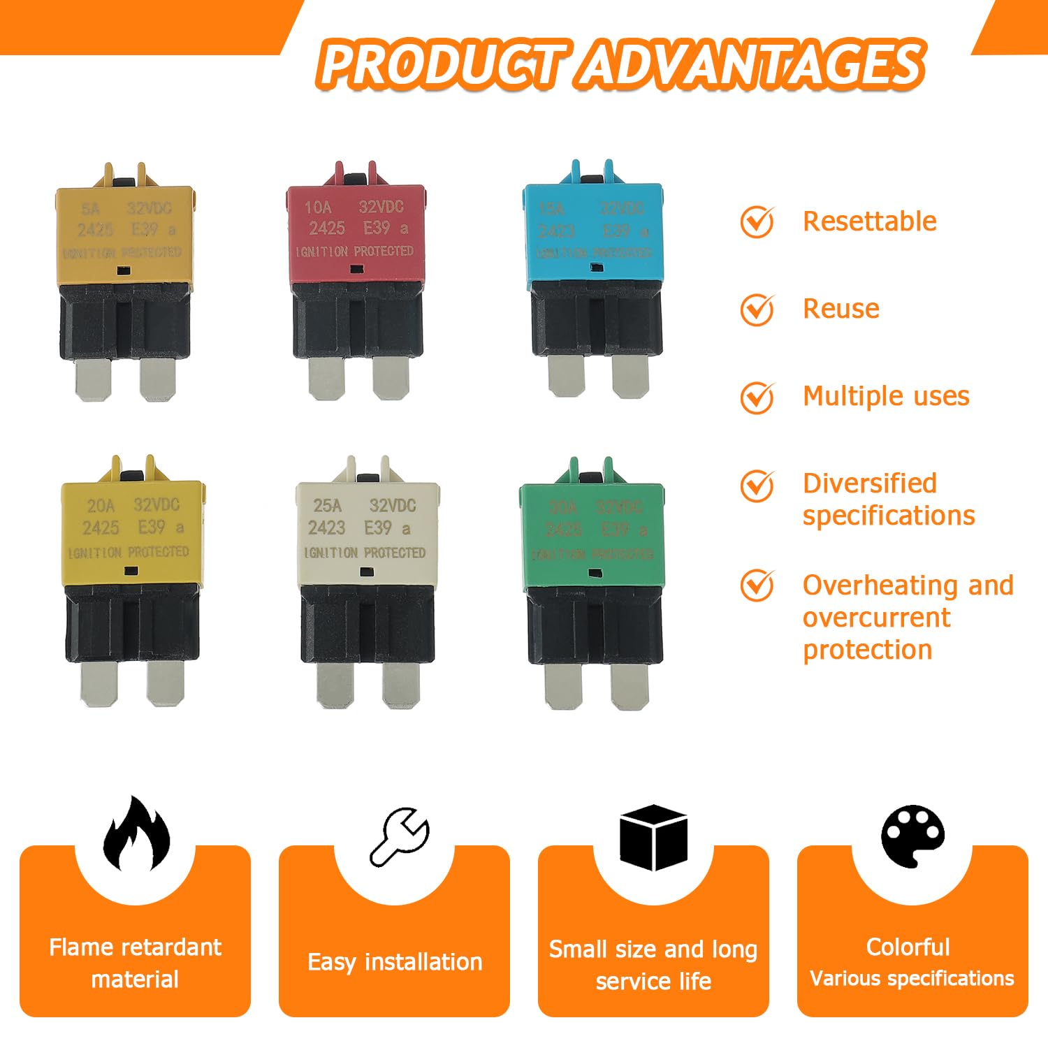 12V-32V Disjoncteur de Fusible à Réinitialisation Manuelle | E39 Disjoncteur ATC à Profil Bas, 5A 10A 15A 20A 25A 30A (mixte 6pack)