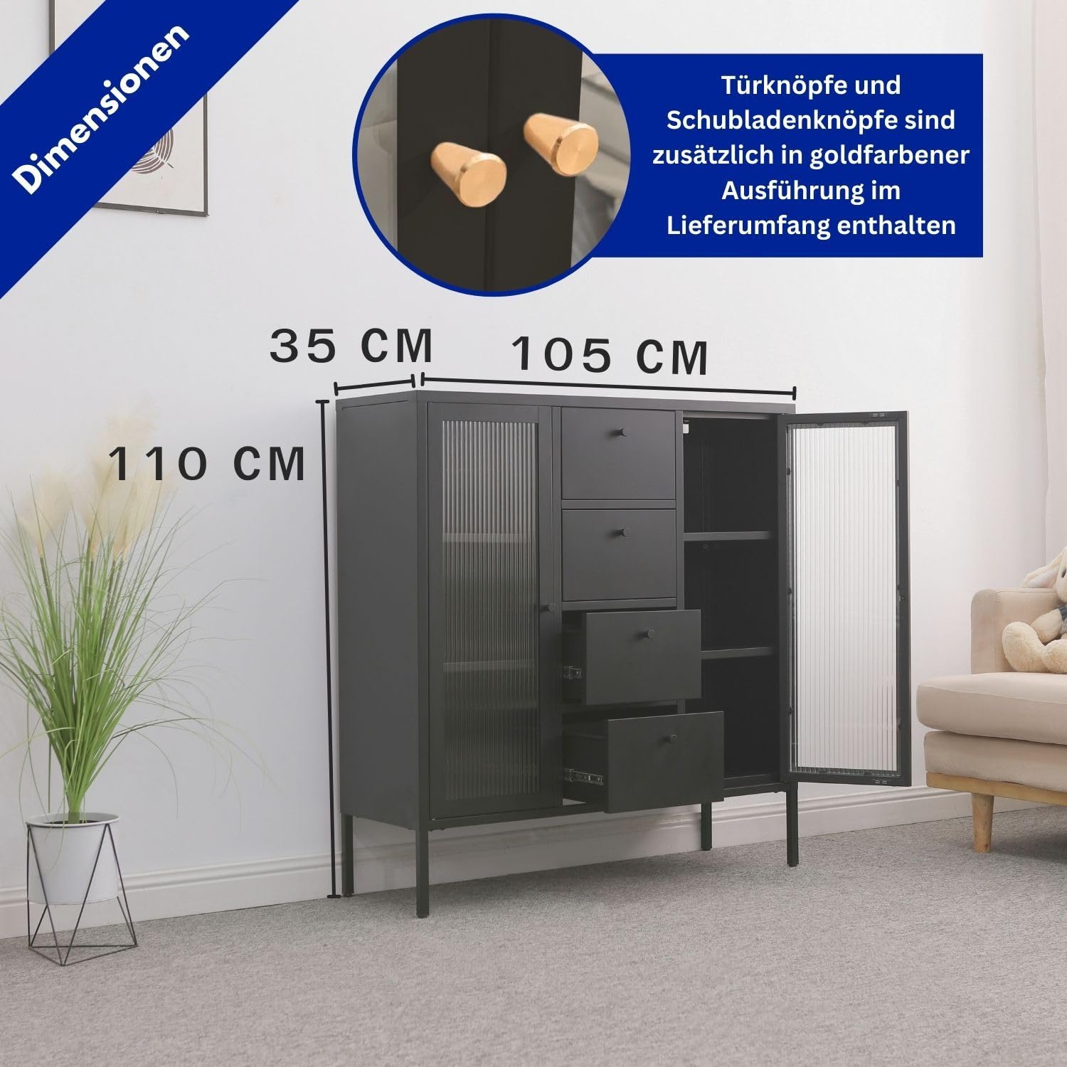 Highboard Paris Schwarz Beistellschrank Wohnzimmer Aufbewahrungsschrank Metall Schrank Ablage und Glastüren, Kommode für Bücher und Deko LxBxH ca. 105x35x110 cm