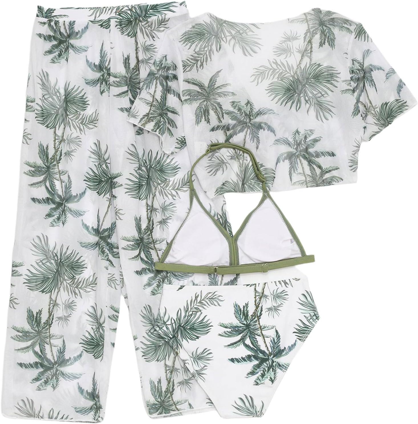 Kids Girls 4Pcs Tropical Print Bikini Top and Briefs with Chiffon Cover Up Top and Pants Beachwear