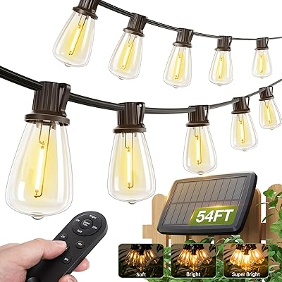 addlon 54(48+6) FT Solar String Lights Waterproof,Patio Lights Solar Powered with Remote & USB Port 15+1 LED Shatterproof Bulbs 3 Light Modes, Dimmable Solar Light for Camping Backyard Garden