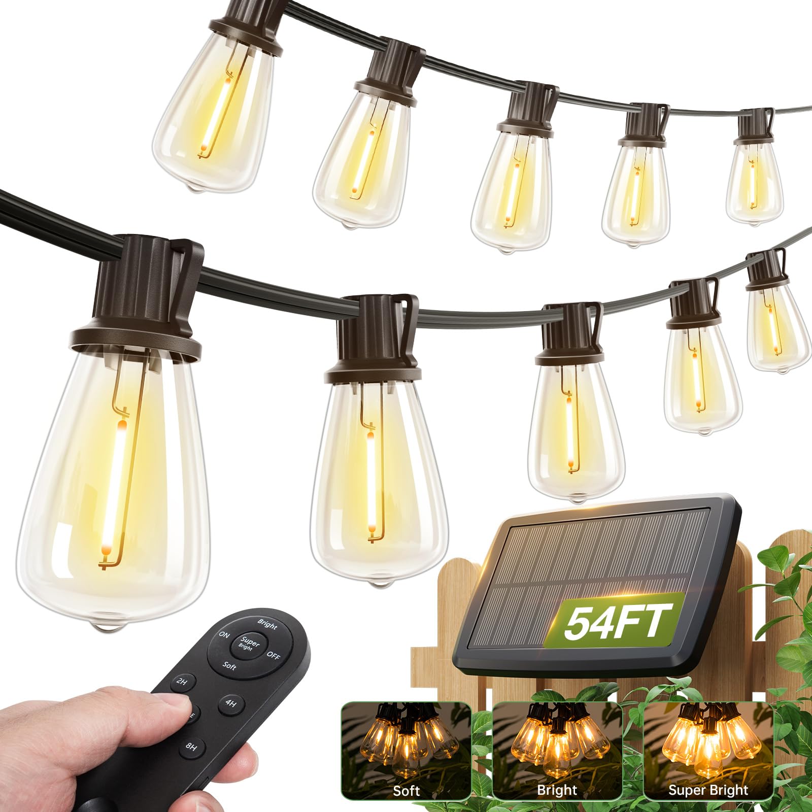 addlon 54(48+6) FT Solar String Lights Waterproof,Patio Lights Solar Powered with Remote & USB Port 15+1 LED Shatterproof Bulbs 3 Light Modes, Dimmable Solar Light for Camping Backyard GardenGlobal Recycled StandardGlobal Recycled StandardGlobal Recycled Standard