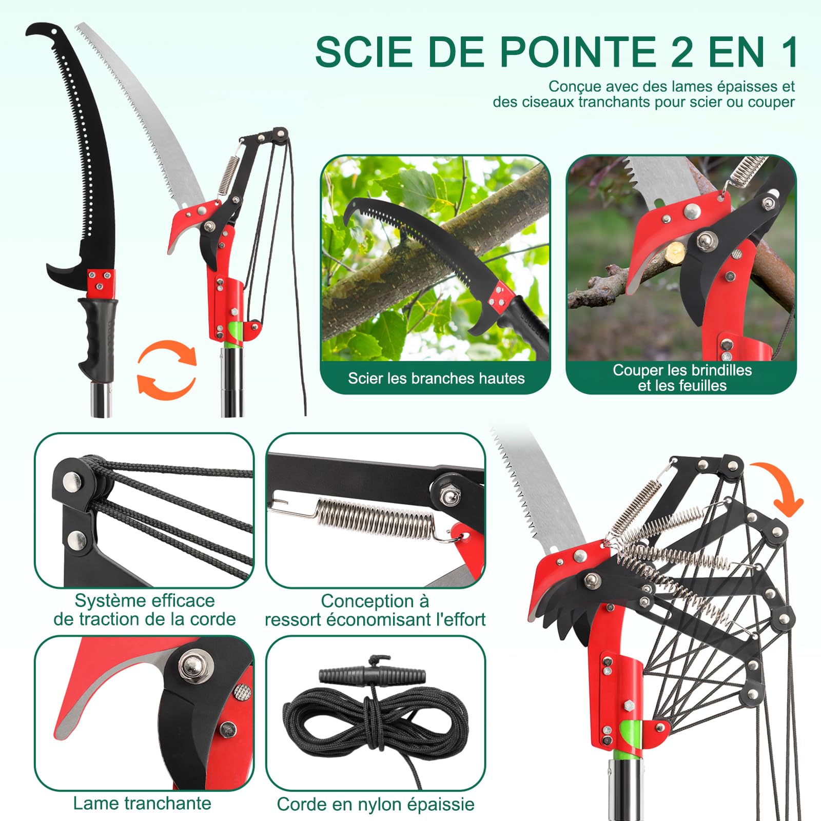 LEADZM Sierra de podar telescópica 2-7,3 m Sierra de poste extensible hoja de acero afilado Sierra de podar con 7 postes de fibra de vidrio, tijeras de corte de ramas altas para podar palmeras