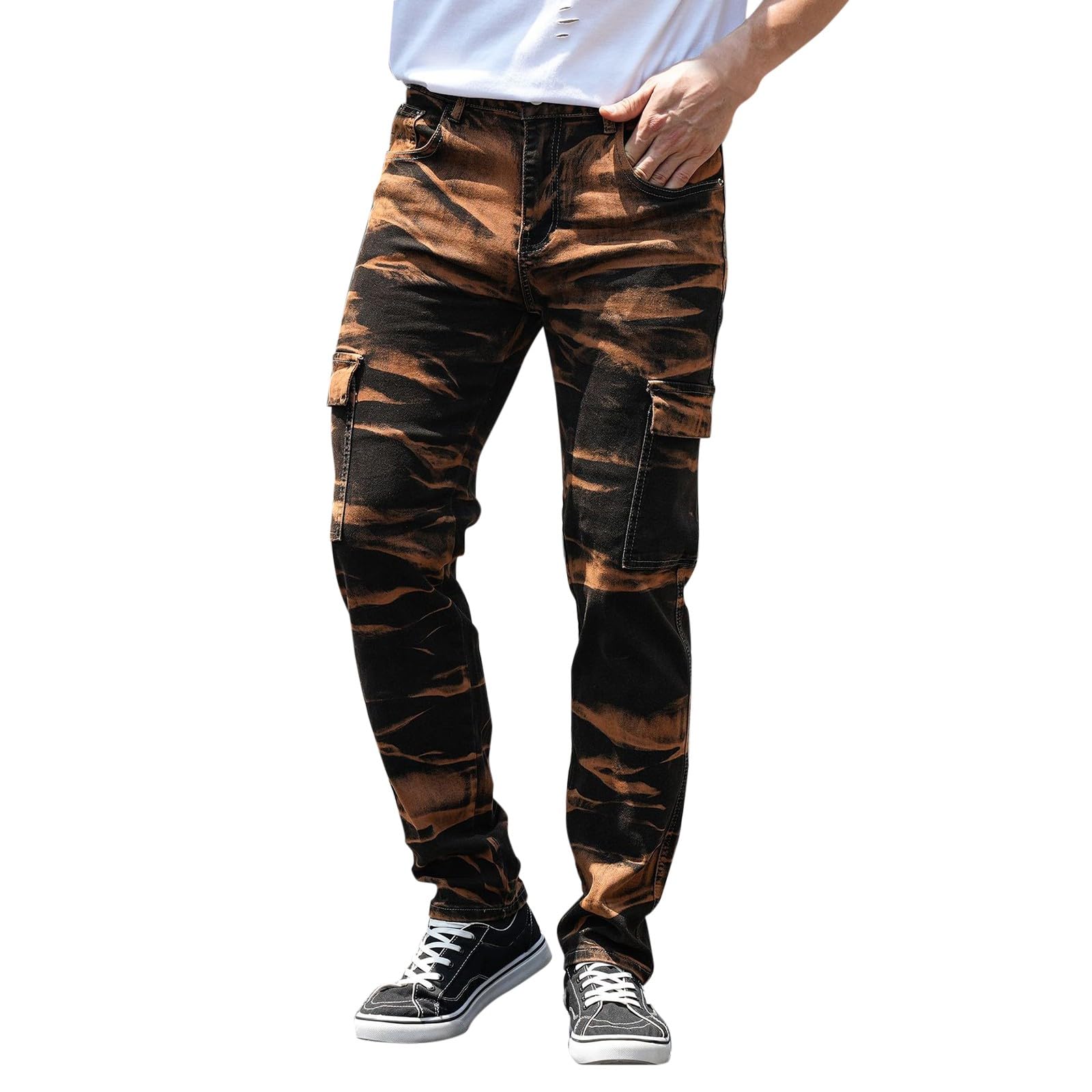 Generisch Pantalones cargo para hombre Slim Fit: pantalones de chándal con muchos bolsillos pantalones deportivos con puños pantalones de exterior elásticos pantalones de ocio con impresión pantalones