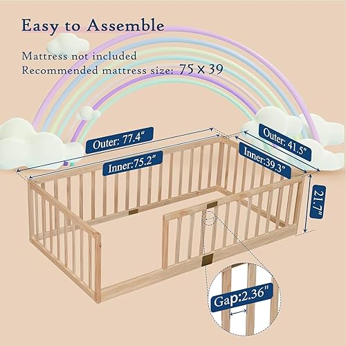 Miniatura 86 de Tatub Cama Montessori de suelo individual con rieles altos, marco de cama Montessori de madera maciza para niños, la entrada se puede instalar a