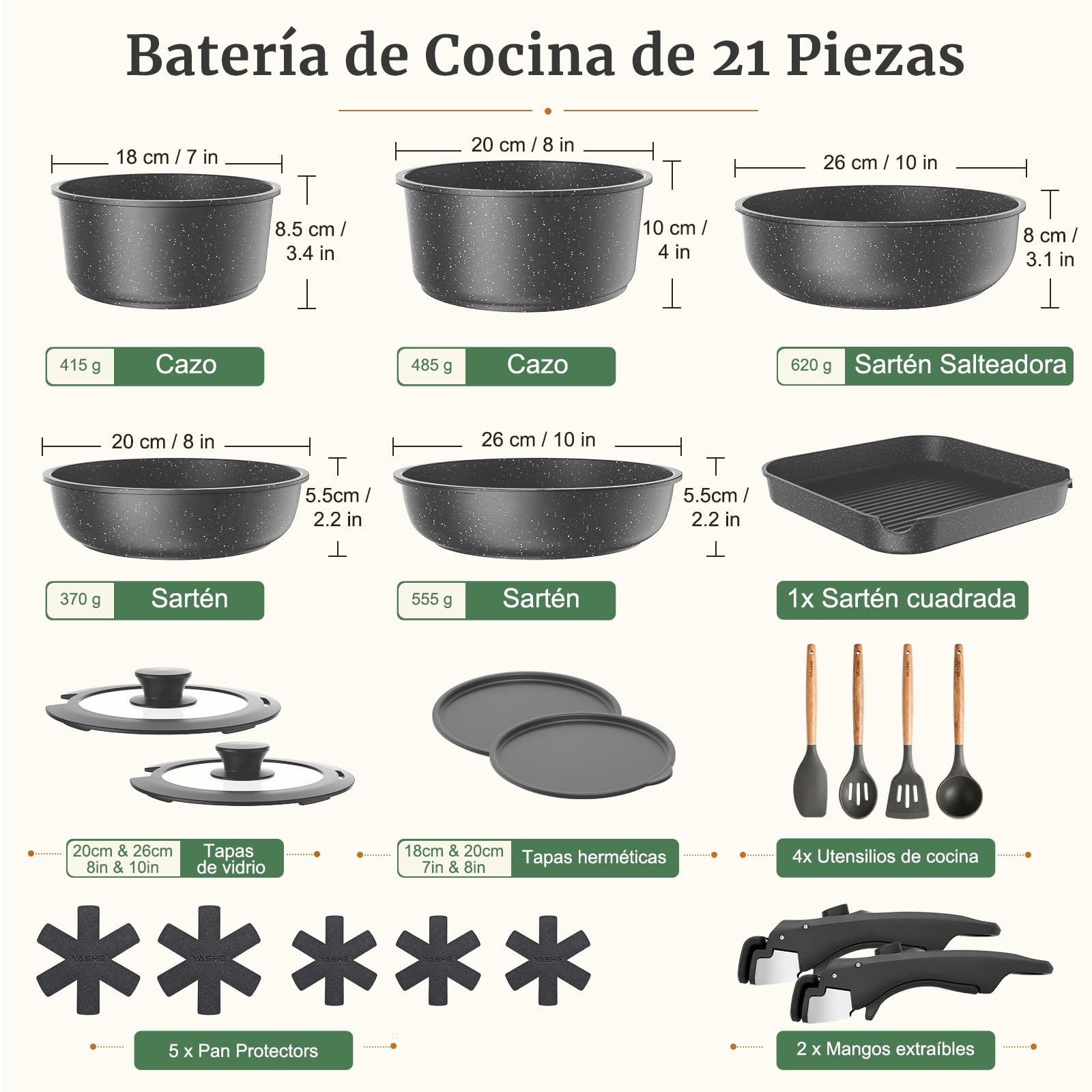 YASHE Batería de cocina 21 piezas, inducción, atóxica, sin PTFE ni PFAS | Juego de Sarténes y Ollas Atóxica con Mango Extraíble, Ollas Apilables, Juego Ahorrador de Espacio para Caravana, Sin PFOA