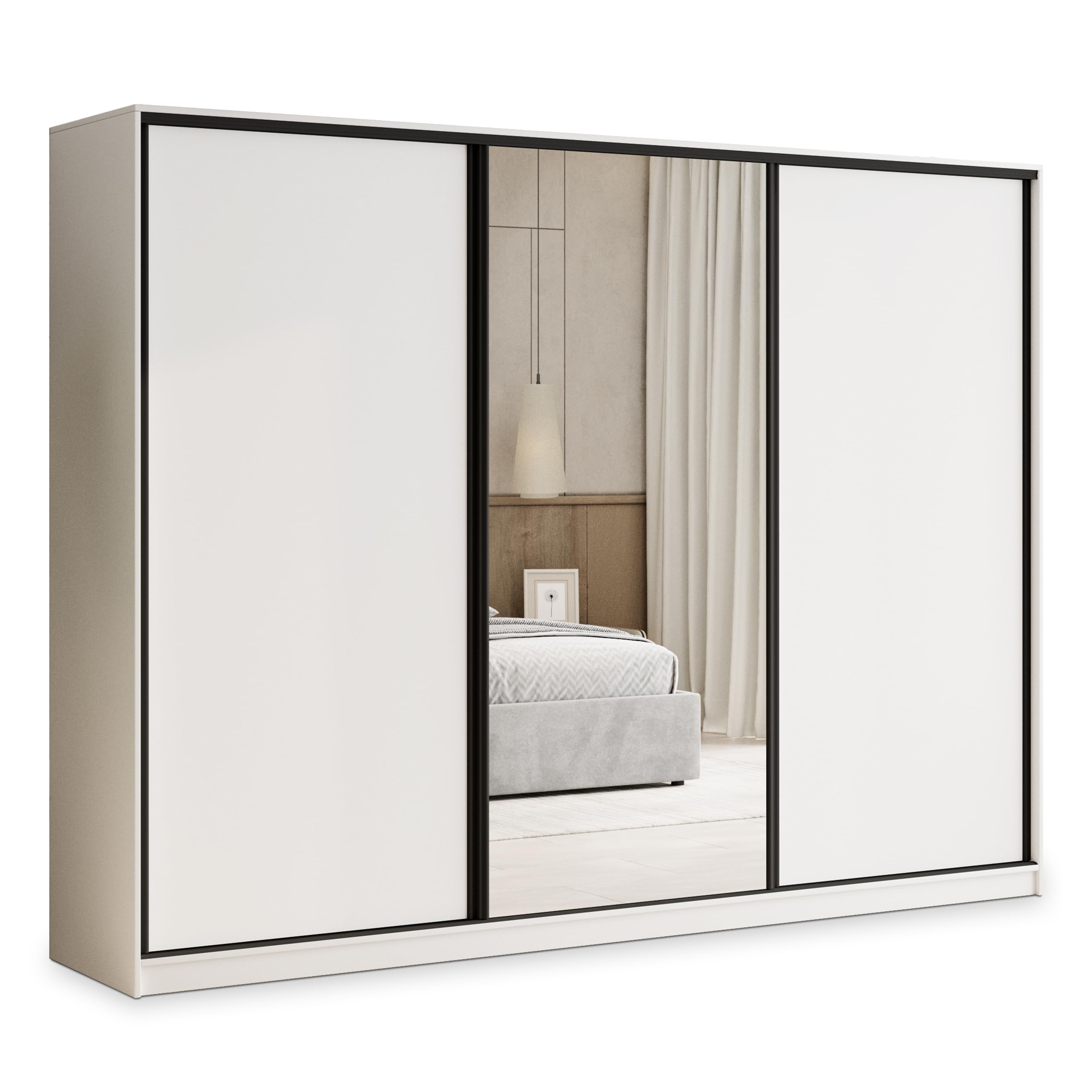 Masseno Schwebetürenschrank TARI 270/205/58 cm Kleiderschrank mit 4 Schubladen Schlafzimmer Schiebetürenschrank 3-türig mit Spiegel Weiß