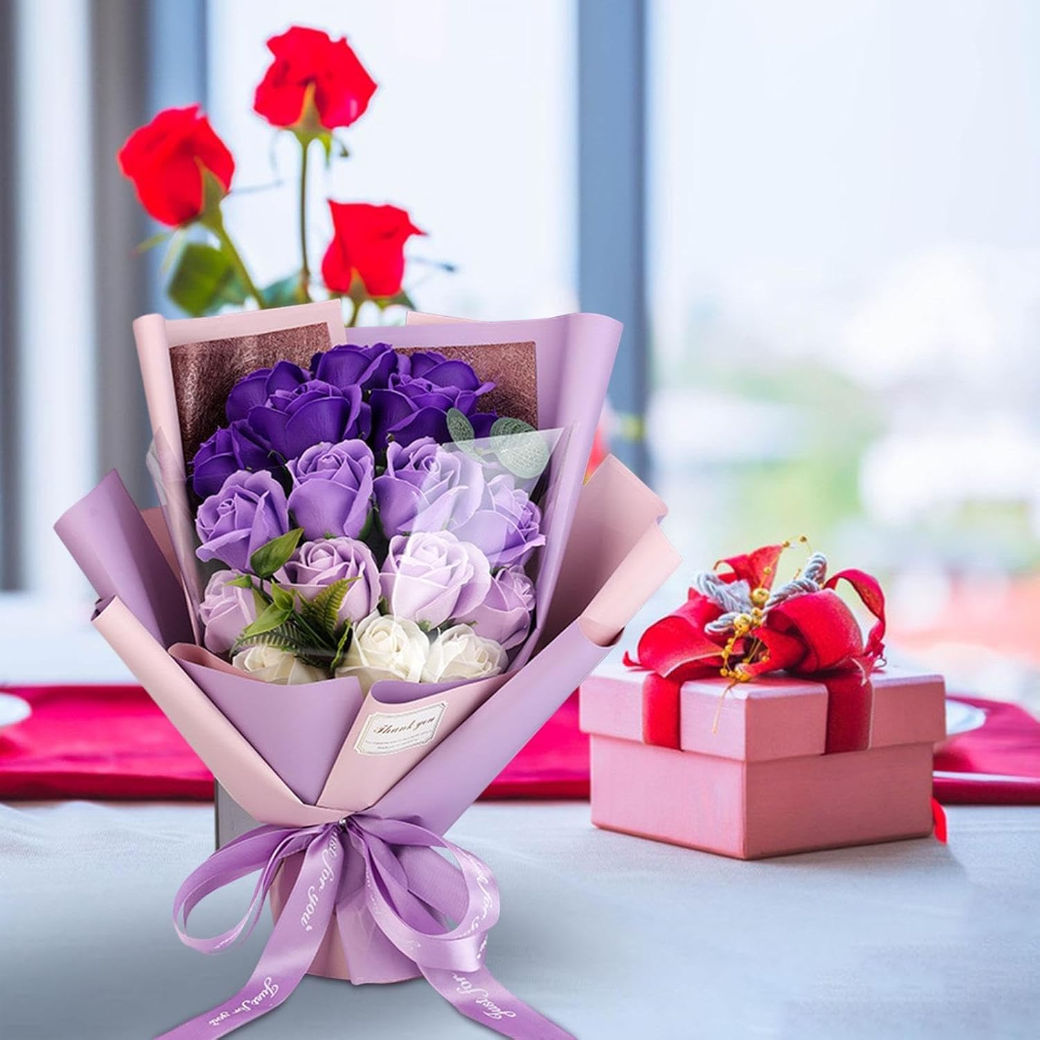 Roses Bouquet Artificial Flower - Preserved Red Rose Flowers with Love Necklace for Her Unique Gift for Birthday, Valentine's Day, Mother's Day, Thanksgiving, Christmas, Anniversary (Purple and White) - Image 5