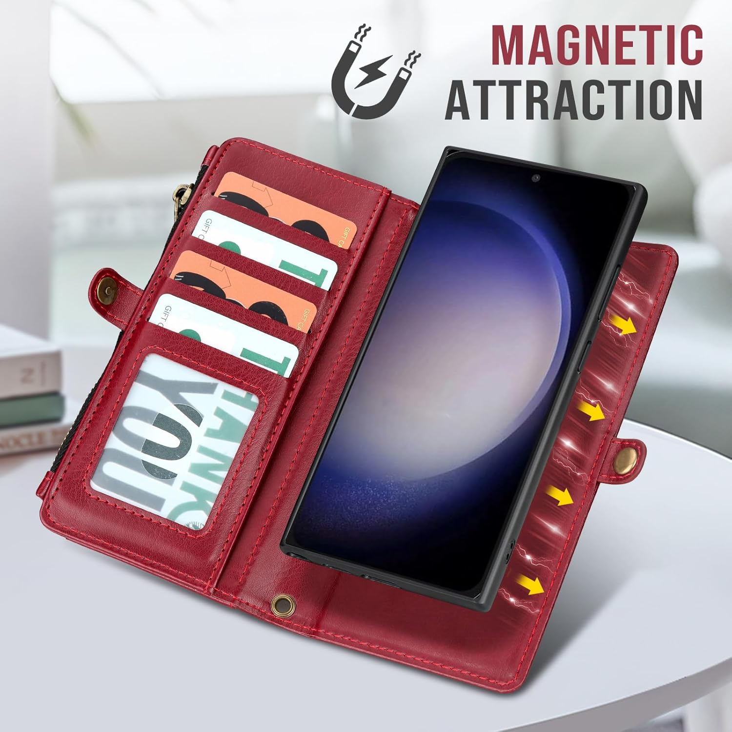 Phone Case for Samsung Galaxy S23 Plus S23+ 5G Wallet Magnetic Detachable Cell Cover with Tempered Glass Screen Protector Strap Zipper Card Holder S23plus 23S + S 23 23+ SM-S916U 6.6 inch Red