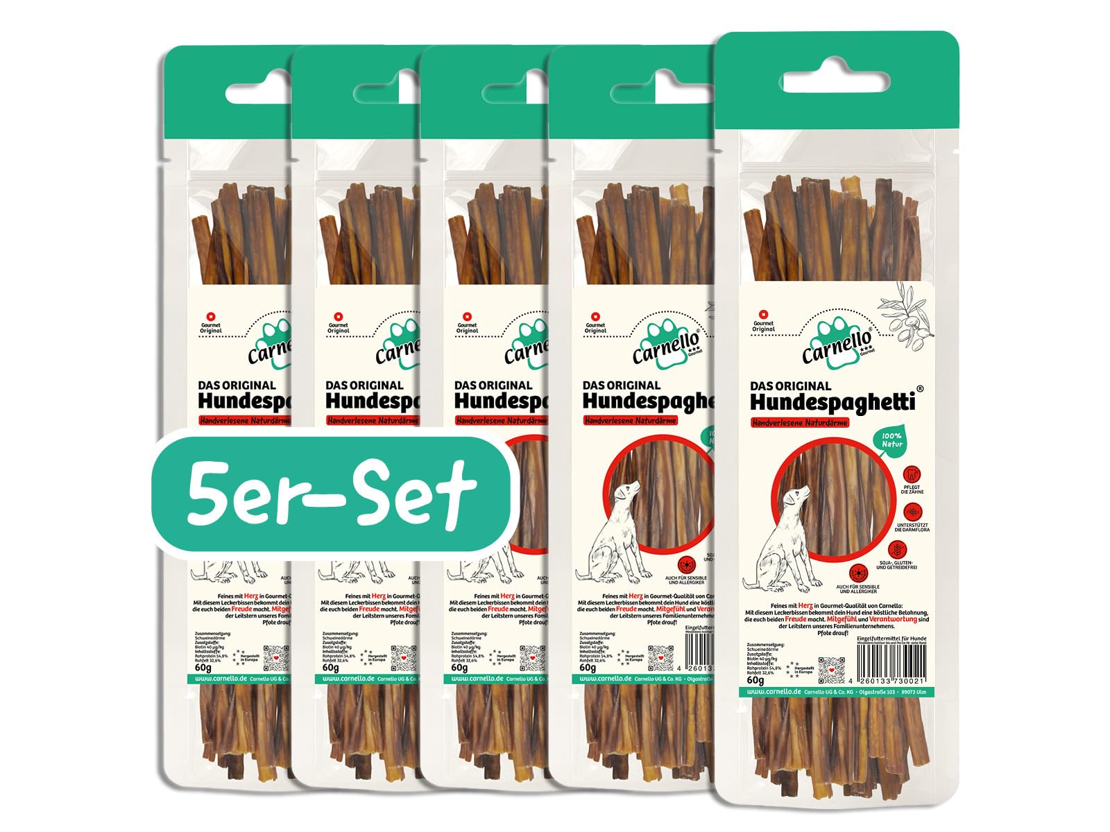 Carnello Espaguetis para perros, golosinas para perros, aperitivos para perros, sin cereales, bolsa resellable (5 x 60 g)