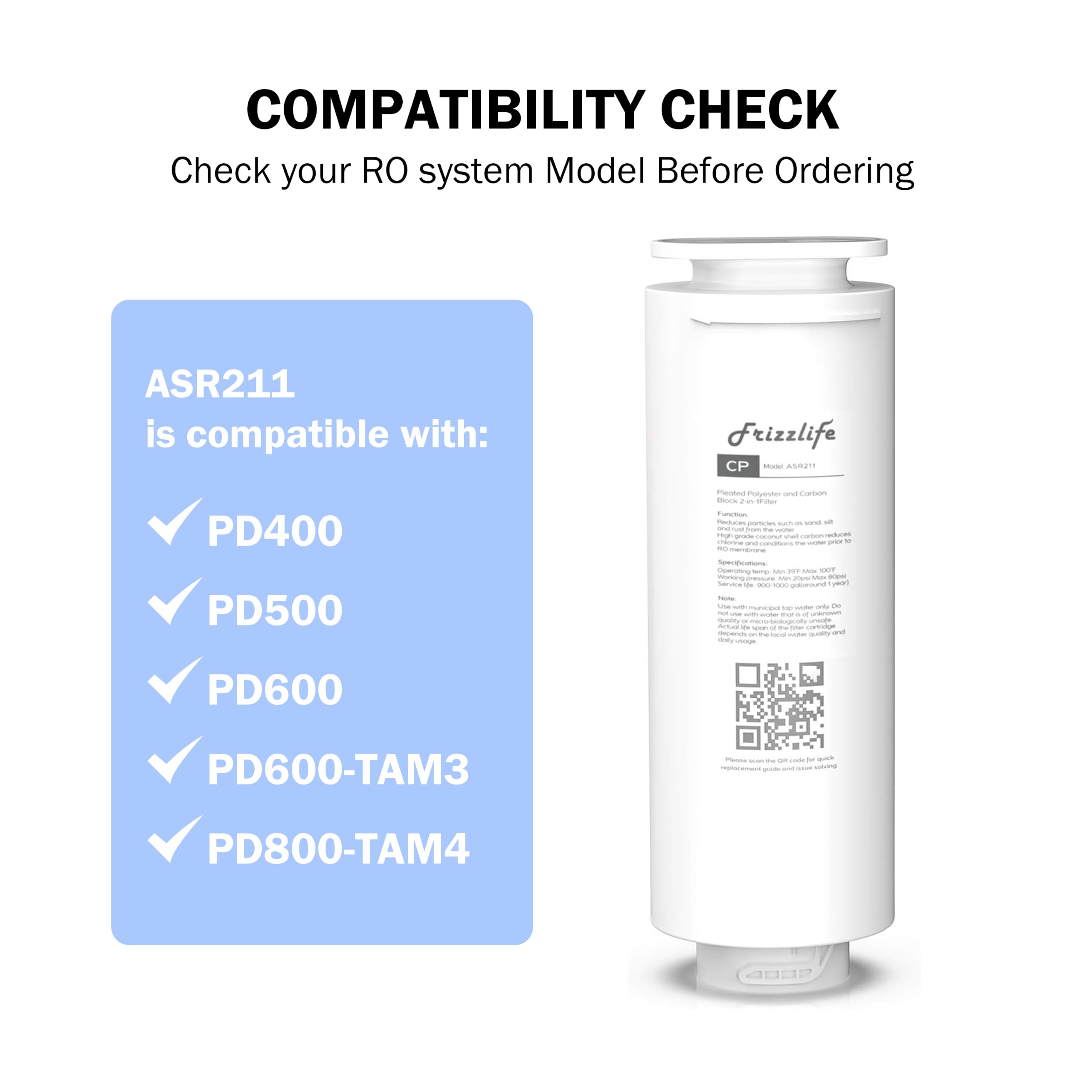 Frizzlife ASR211 - Cartucho de filtro de repuesto para sistema de ósmosis inversa PD600-TAM3, PD400, PD500, PD800-TAM4 (1ª etapa)