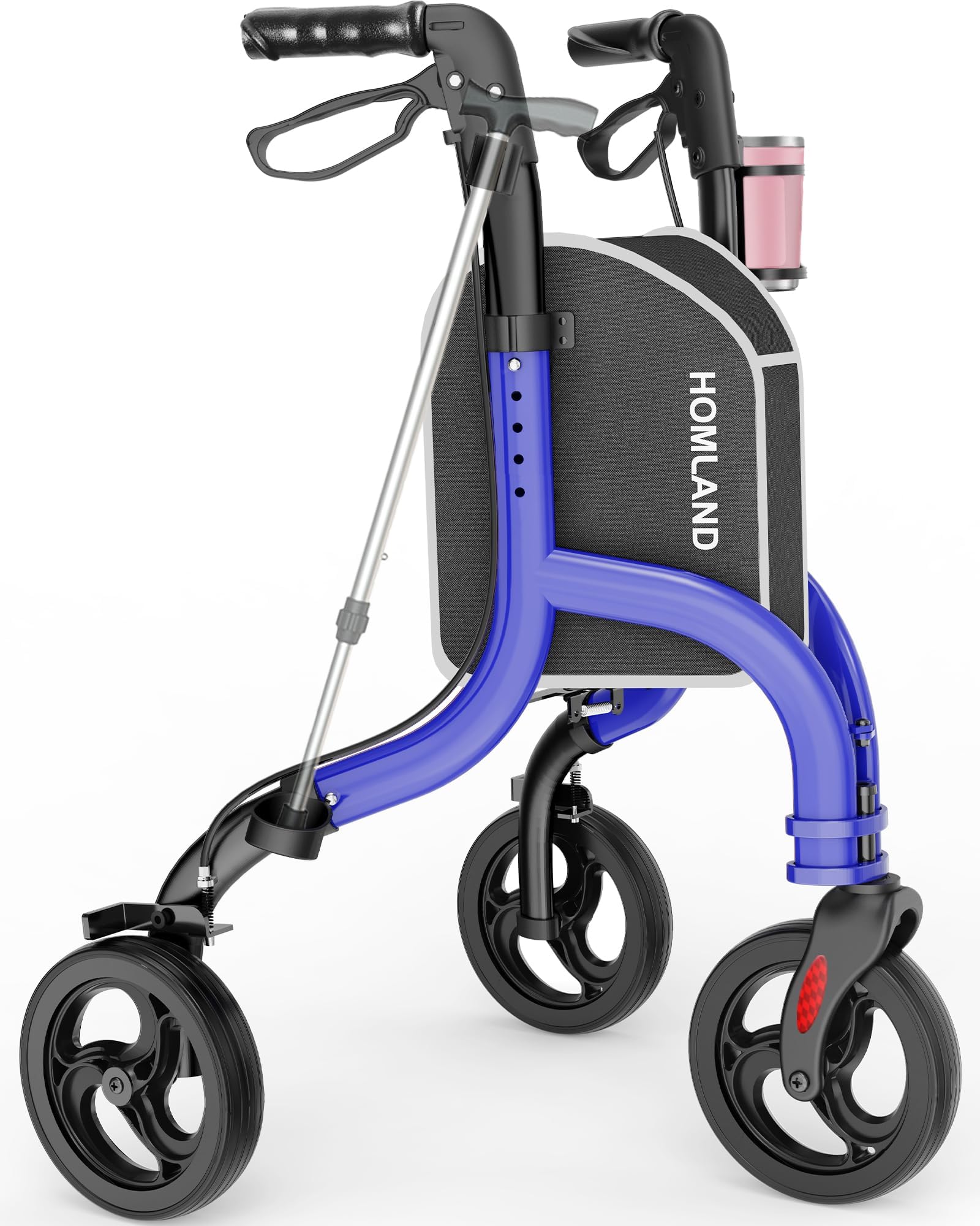HOMLAND 3 Wheel Walkers for Seniors, FSA/HSA Eligible Foldable Wheeled Rollator with Cane Hold and Cup Hold, Lightweight Three Wheel Rolling Walker Height Adjustable for Seniors