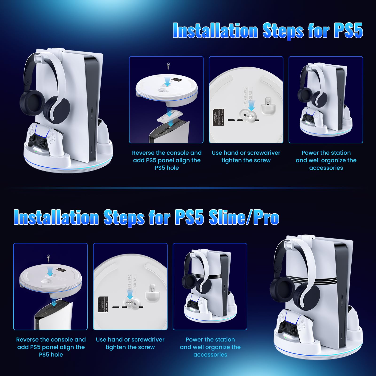 NEWDERY for PS5/Slim/Pro Stand Console, Fast Charging Station Compatible with PlayStation 5 Controllers with Adjustable RGB Light, Charging Station for All PlayStation 5 Console - White