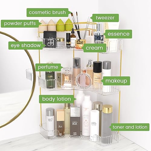 Miniatura 4 de NATURE'S SOURCE Organizador de maquillaje para tocador, organizador de baño de esquina de 3 niveles con soporte para brochas de maquillaje,