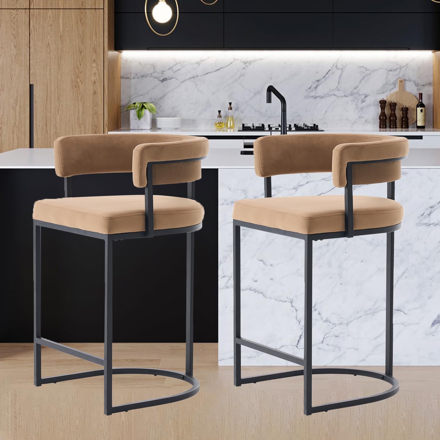 Bar Stools Set of 2 Island Chairs, 26'' Stools for Kitchen Counter with High Back, Modern Bar Height Chairs with Thick Cushion Easy Assembly for Barrel Tall Bar Stool for Kitchen Island, Comfy, Brown