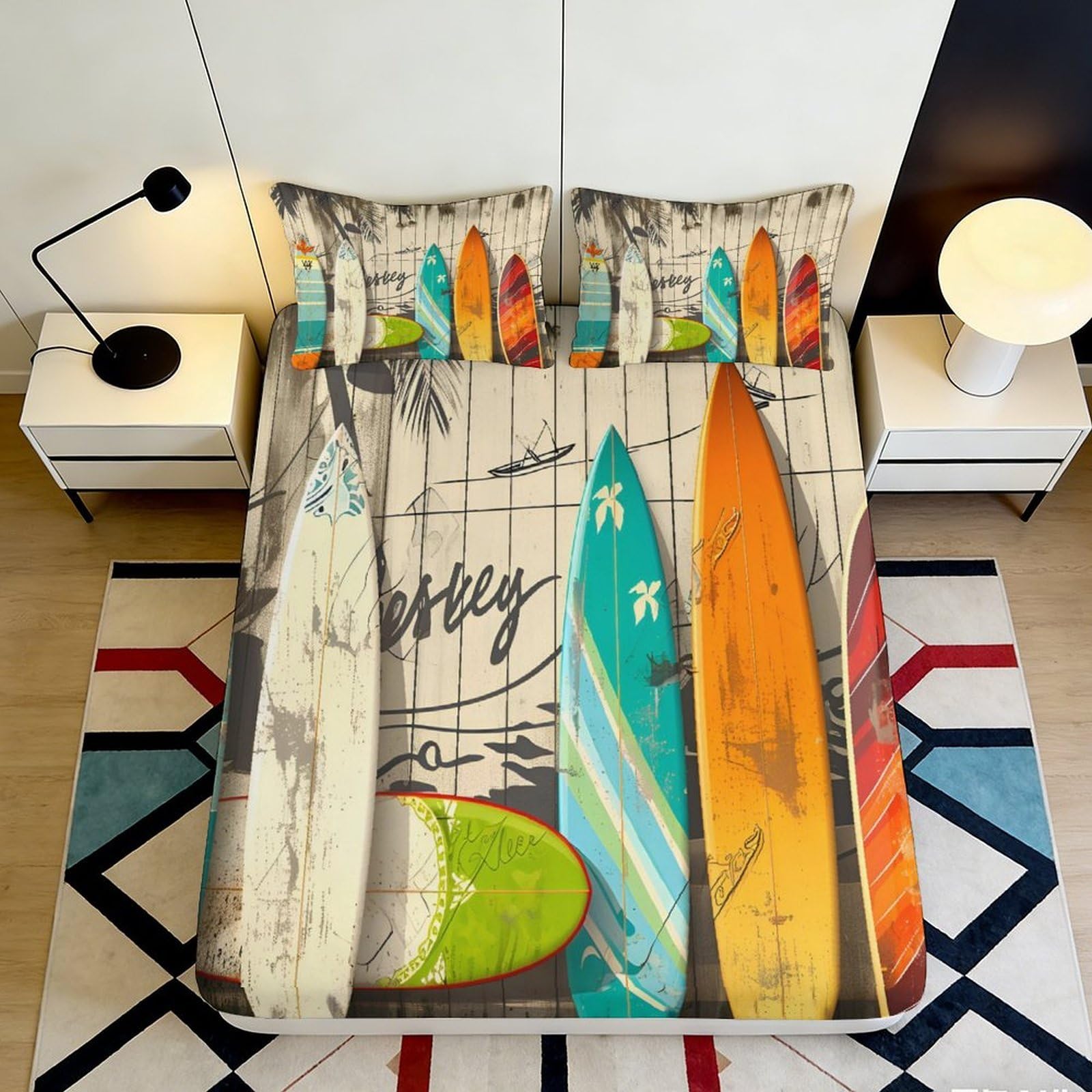3D Printed Surfboard Beach Fitted Sheet Microfiber Vibrant Tropical Mattress Cover for Bedroom Dorm Decor 90x200x25cm