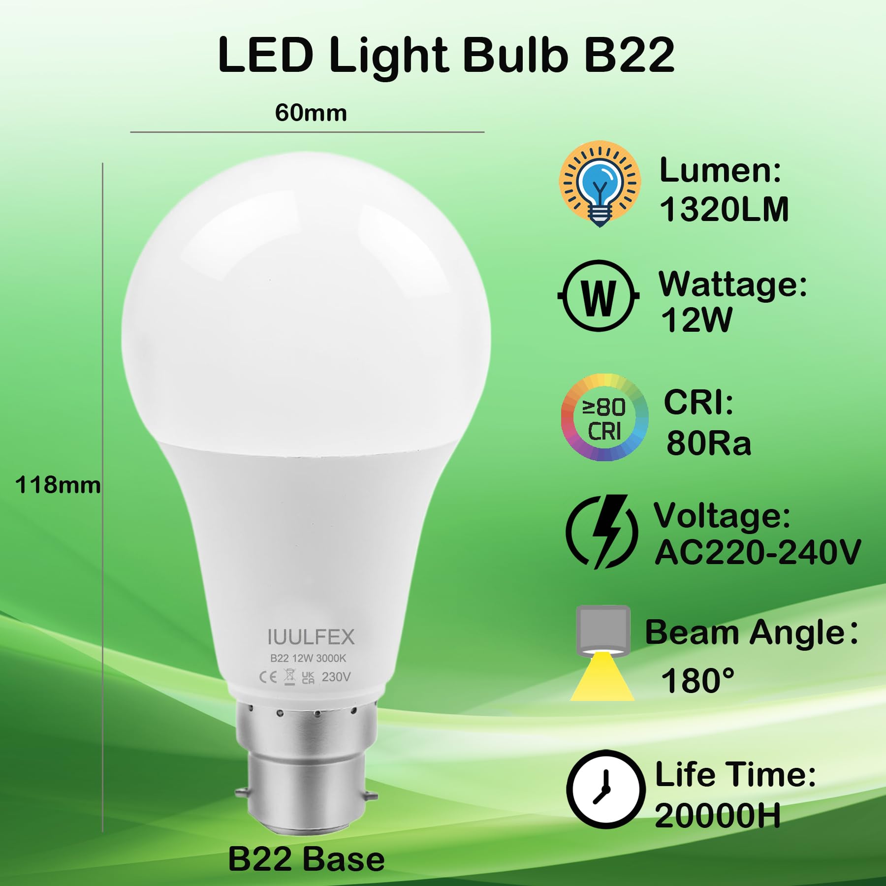 IuulFex B22 Bayonet Light Bulb 100W Equivalent, Energy Saving 12W LED Bulbs 1320 Lumens, Non-Dimmable, 6 Pack - Image 2