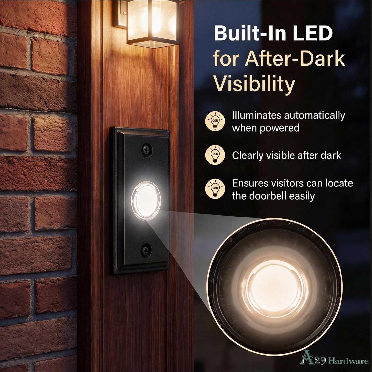 A29 Decorative Solid Brass Lighted Door Bell Push Button, Oil Rubbed Bronze Finish, Wired Recessed Mount, Weather Resistant 3" x 1.65" Entryway Doorbell with LED Illumination image 3