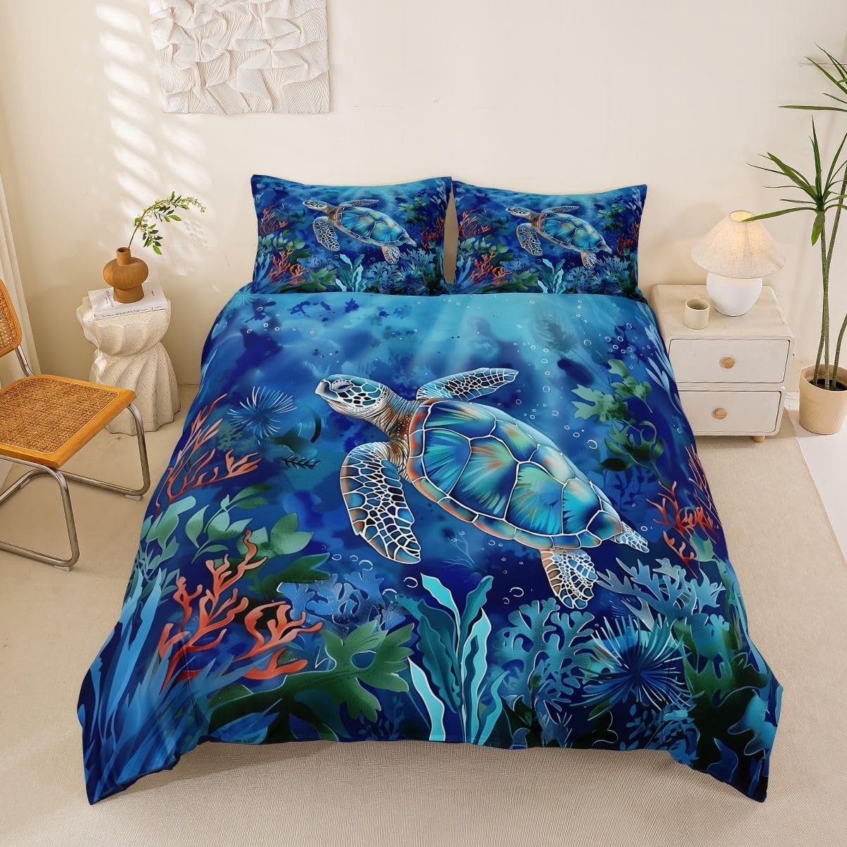 jejeloiu Sea Turtle Duvet Cover Toddler Size Marine Starfish Seashell Bedding Set Breathable Soft Ocean Sea Comforter Cover 2Pcs Bedroom Decor