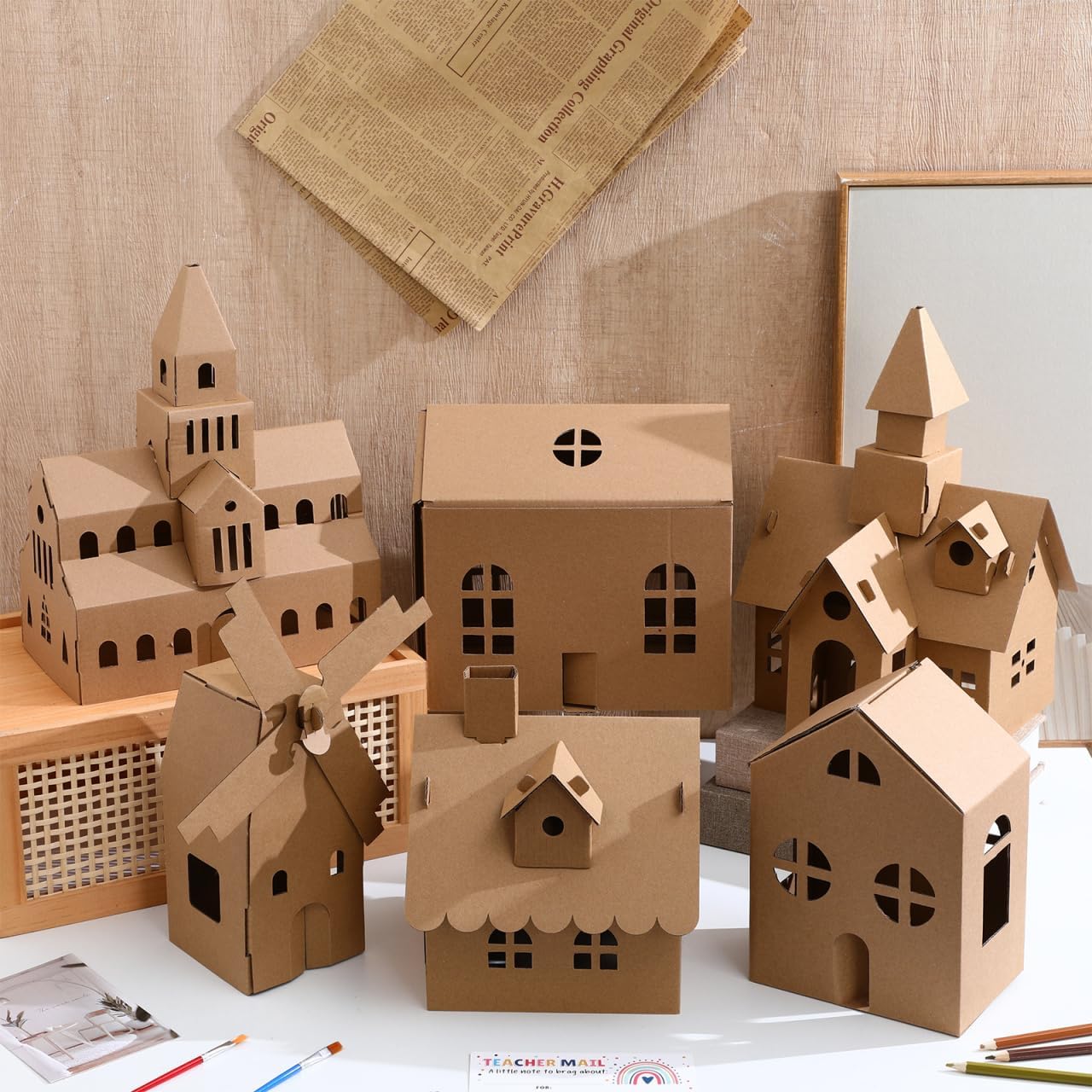 NUOBESTY 6 Pcs Cardboard Houses for Kids Crafts, Blank 3D Puzzle Village Kit to Paint and Color, DIY Paper Building Project for Indoor Art Activity