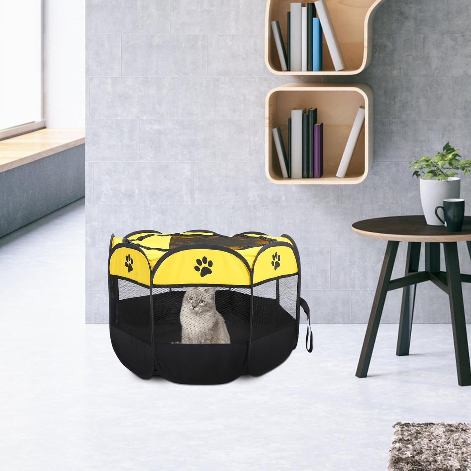 DOITOOL Portable Pet Playpen Foldable Dog Crate with Oxford Fabric Mat, Octagonal Large Indoor Tent Enclosure for Cats and Dogs, Fluorescent Yellow S Size for Travel and Home Use
